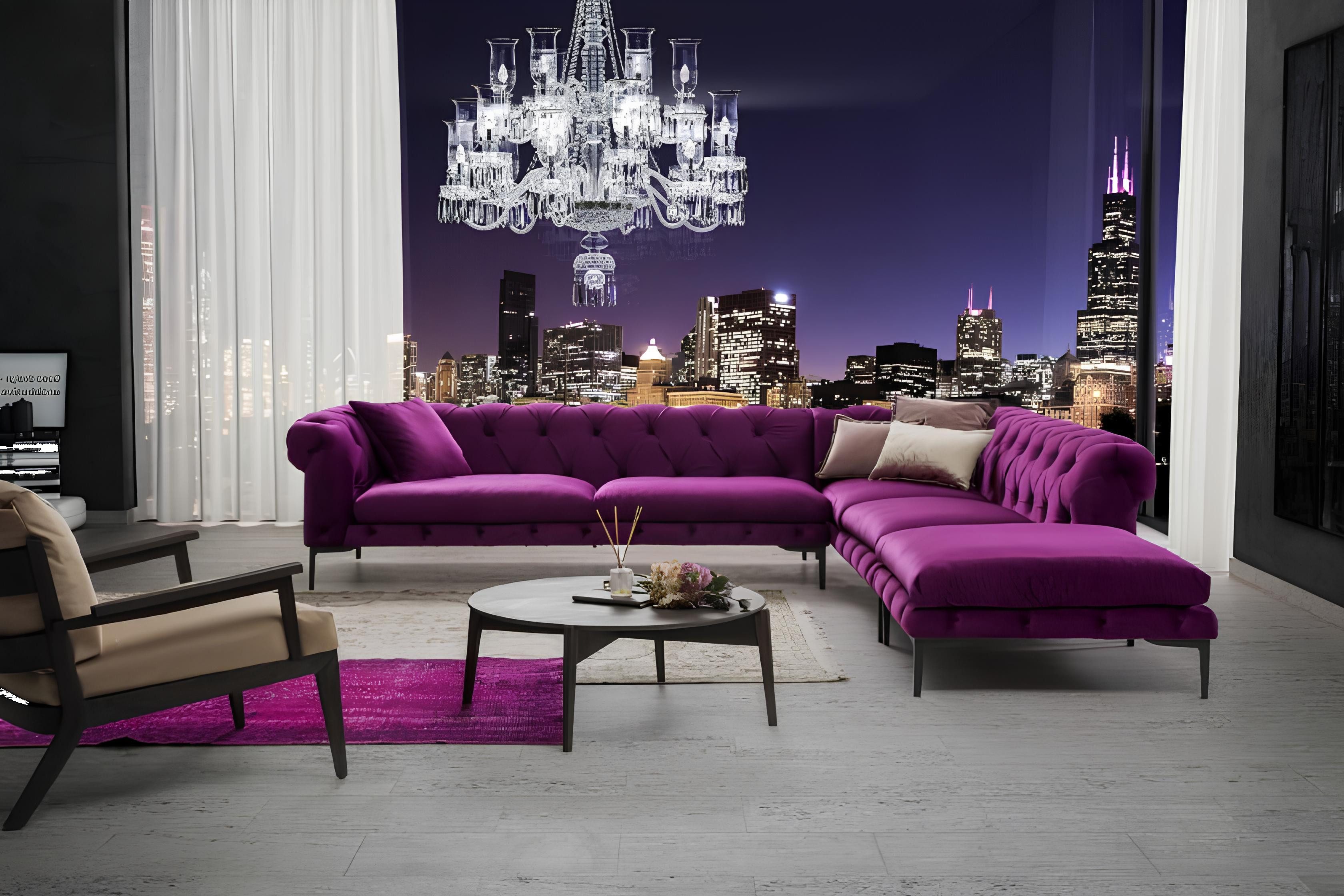 Xlmoebel Ecksofa Violettes Chesterfield Sofa aus hochwertigem Textil, Hergestellt in Europa