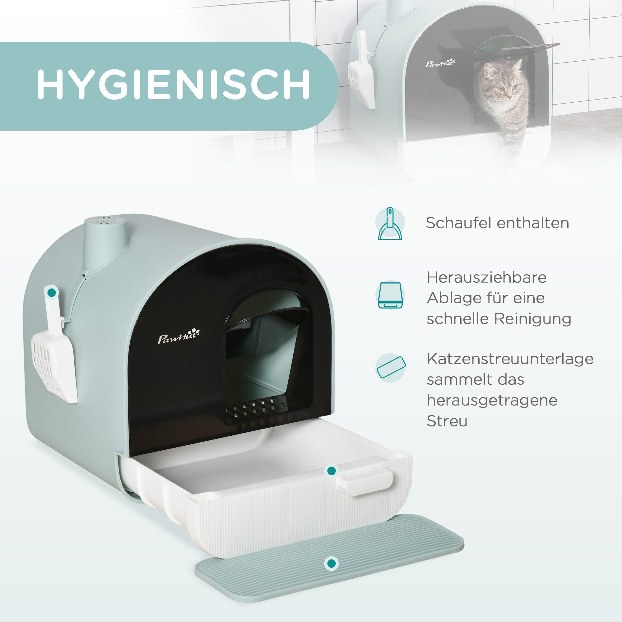 PawHut Katzentoilette Streuschaufel, Streufangmatte mit Deckel, für Wohnzimmer, Grün – Bild 4 von 5