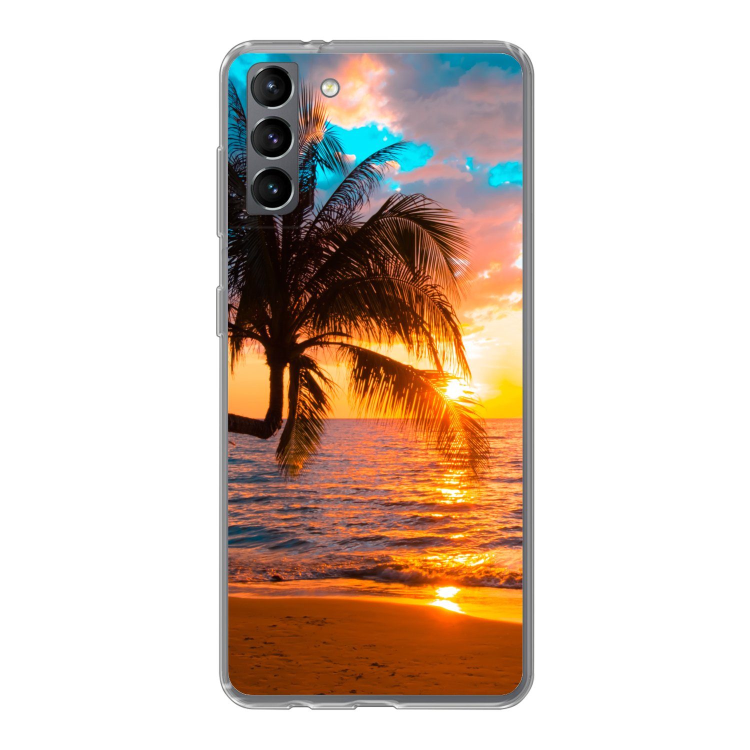 MuchoWow Handyhülle für Samsung Galaxy S21 Plus Palme - Sonnenuntergang - Horizont - Stran, Phone Case, Silikon, Schutzhülle Dünn