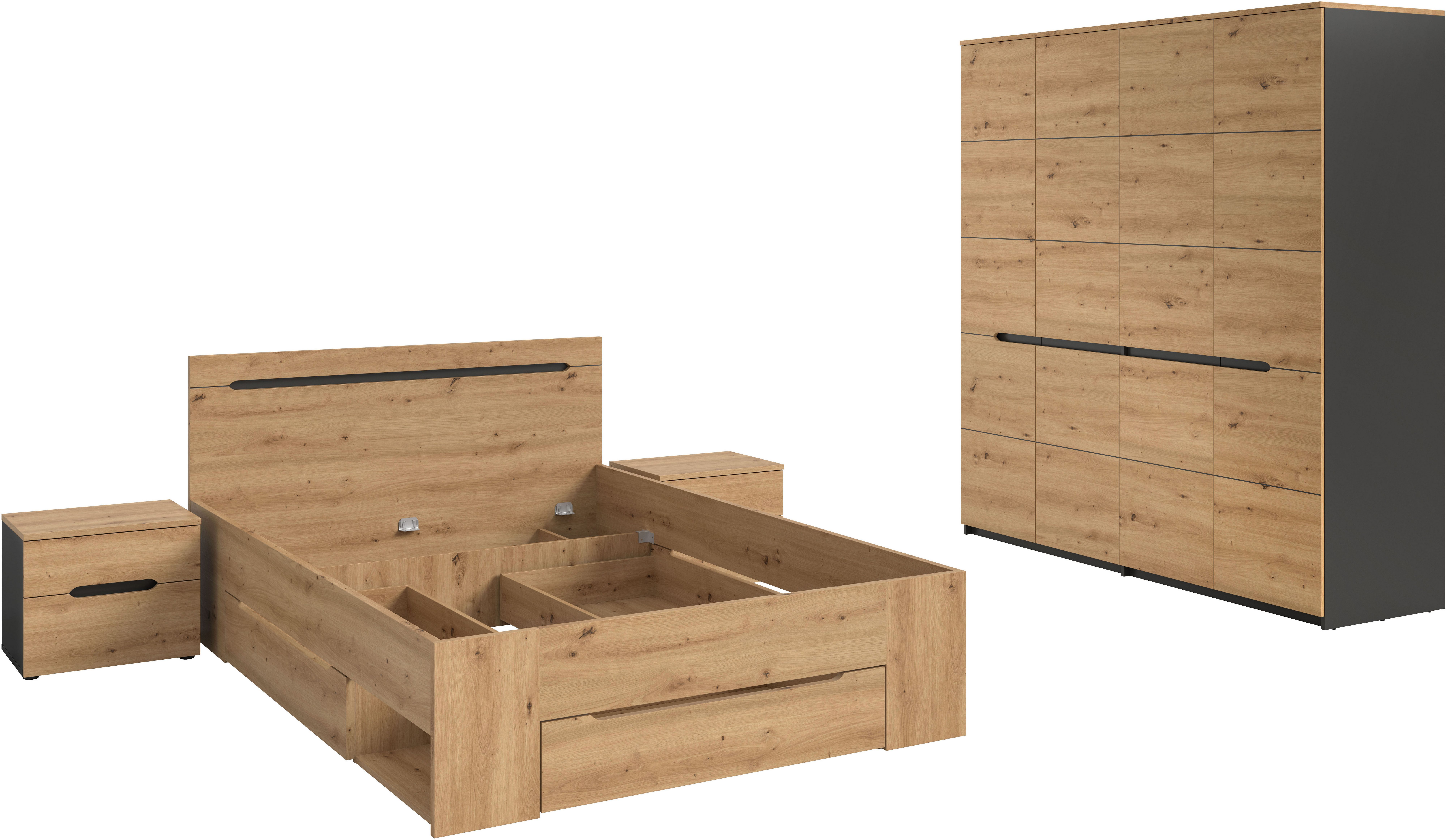Home affaire Schlafzimmer-Set REHAT, 4-teilig, best. aus: Bett, Kleiderschrank & 2x Nachtkommode, (4-tlg., TOPSELLER!, für Matratzengröße 140x200 cm, viel Stauraum), Rehat, Schlafzimmerset, Bett 140x200 cm, Nachttische, 1 Kleiderschrank