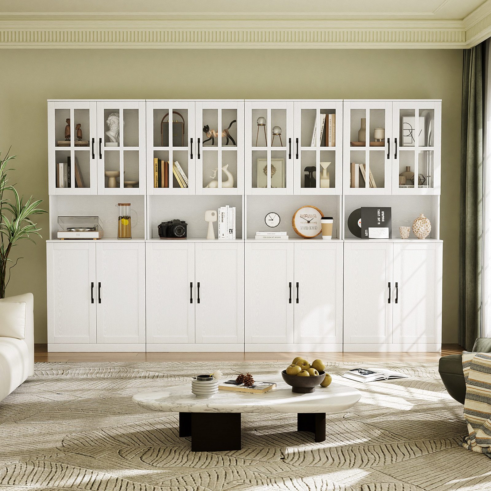 VOWNER Bücherregal mit Glastüren, offenem Fach & Arbeitsplatte – 5 Ebenen Hochschrank, 4-tlg., Vitrinenschrank Buffetschrank Standregal für Wohnzimmer & Büro