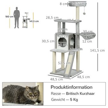 PawHut Kratzbaum Katzenbaum mit Katzenhöhle Kletterbaum mit Bett, Grau, 48.5L x 48.5B x 141.5H cm