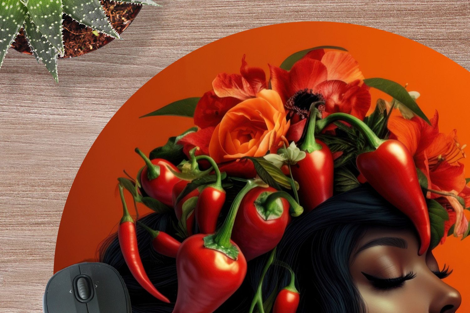MuchoWow Mauspad Frau - Chilischoten - Blumen (1-St), Gaming, Rutschfester Unterseite, Mausunterlage, Rund 50x50 cm
