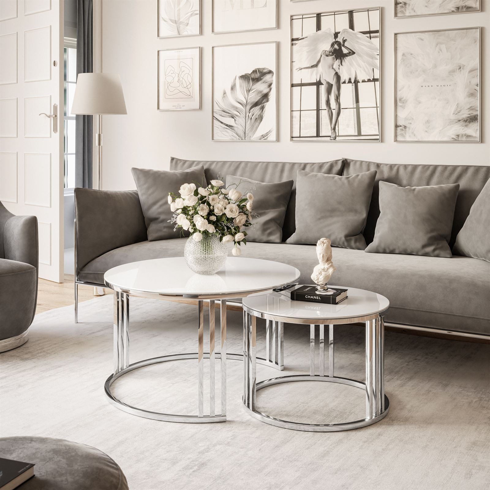 Lookway Couchtisch LORI 2in1 GLASS runder Couchtisch mit silber chrom Gestell (2er Set), Durchmesser: ⌀70 cm und ⌀50 cm