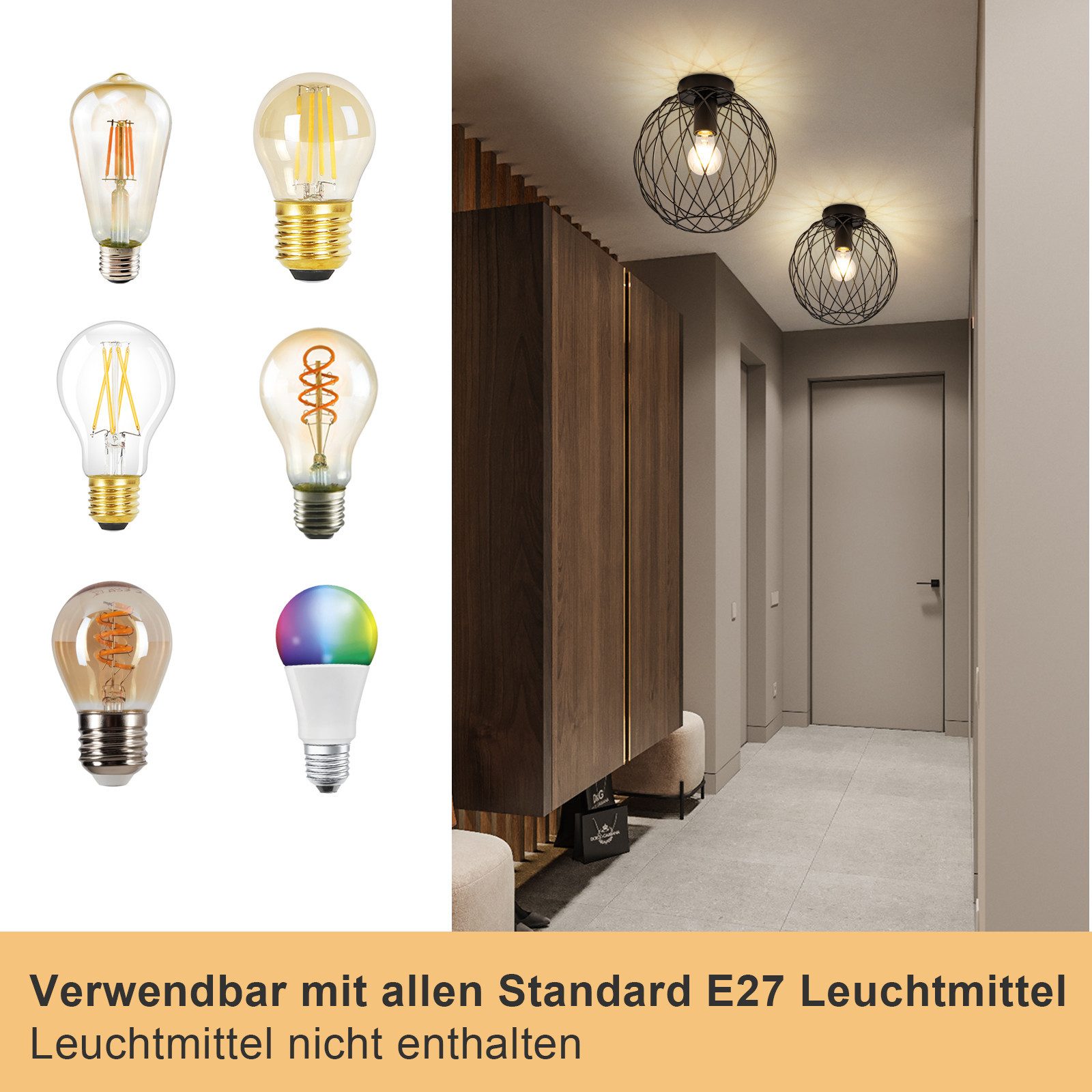 Nettlife Deckenleuchte 1 Flammig Deckenlampe Vintage E27 Flurlampe Schwarz Flur Küchenlampe, LED wechselbar, Flur Schlafzimmer Küche – Bild 4 von 5