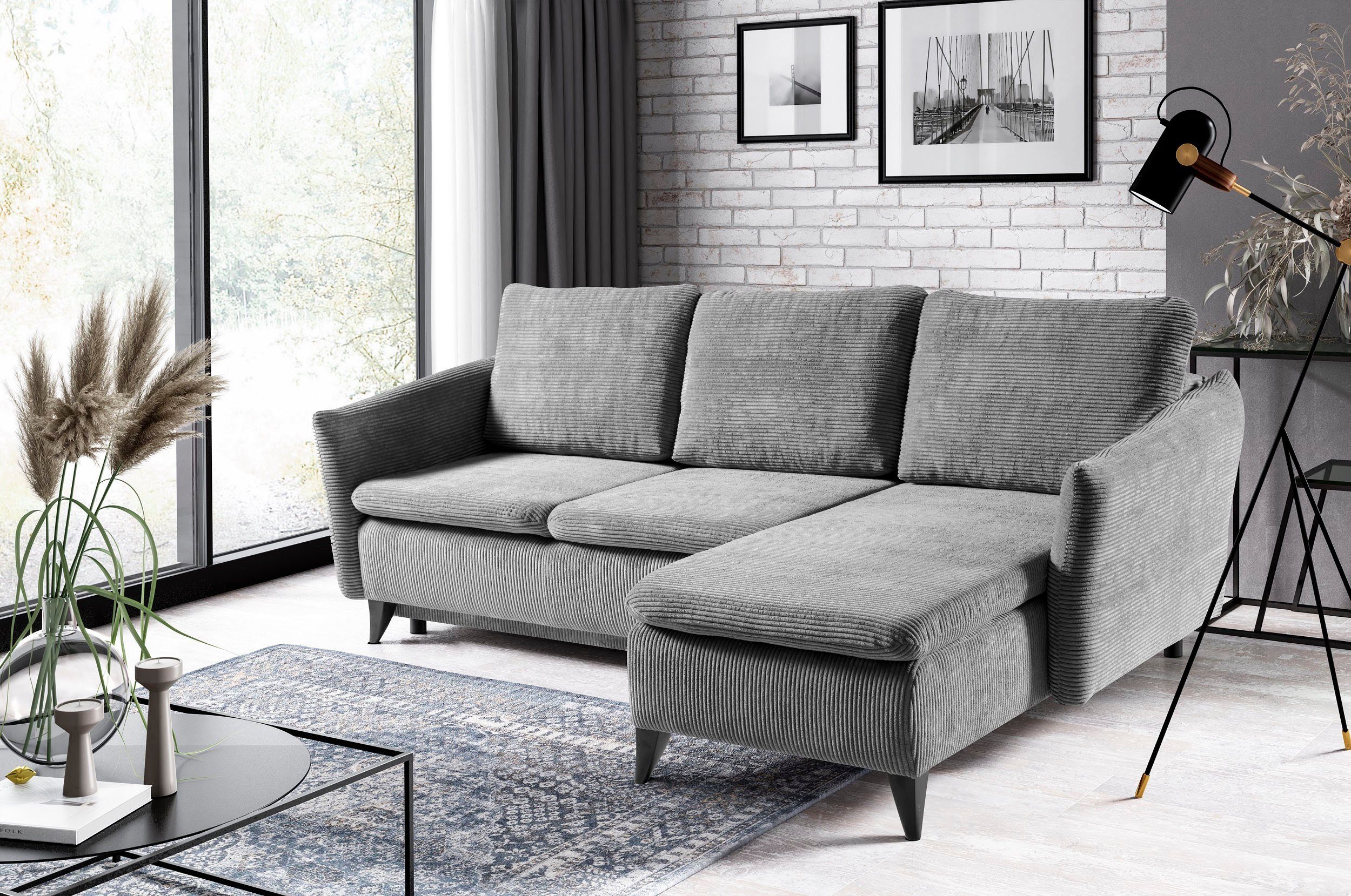 WERK2 Ecksofa Loppo, Cord-Schlafcouch mit losen Rückenkissen, Sofa mit Schlaffunktion