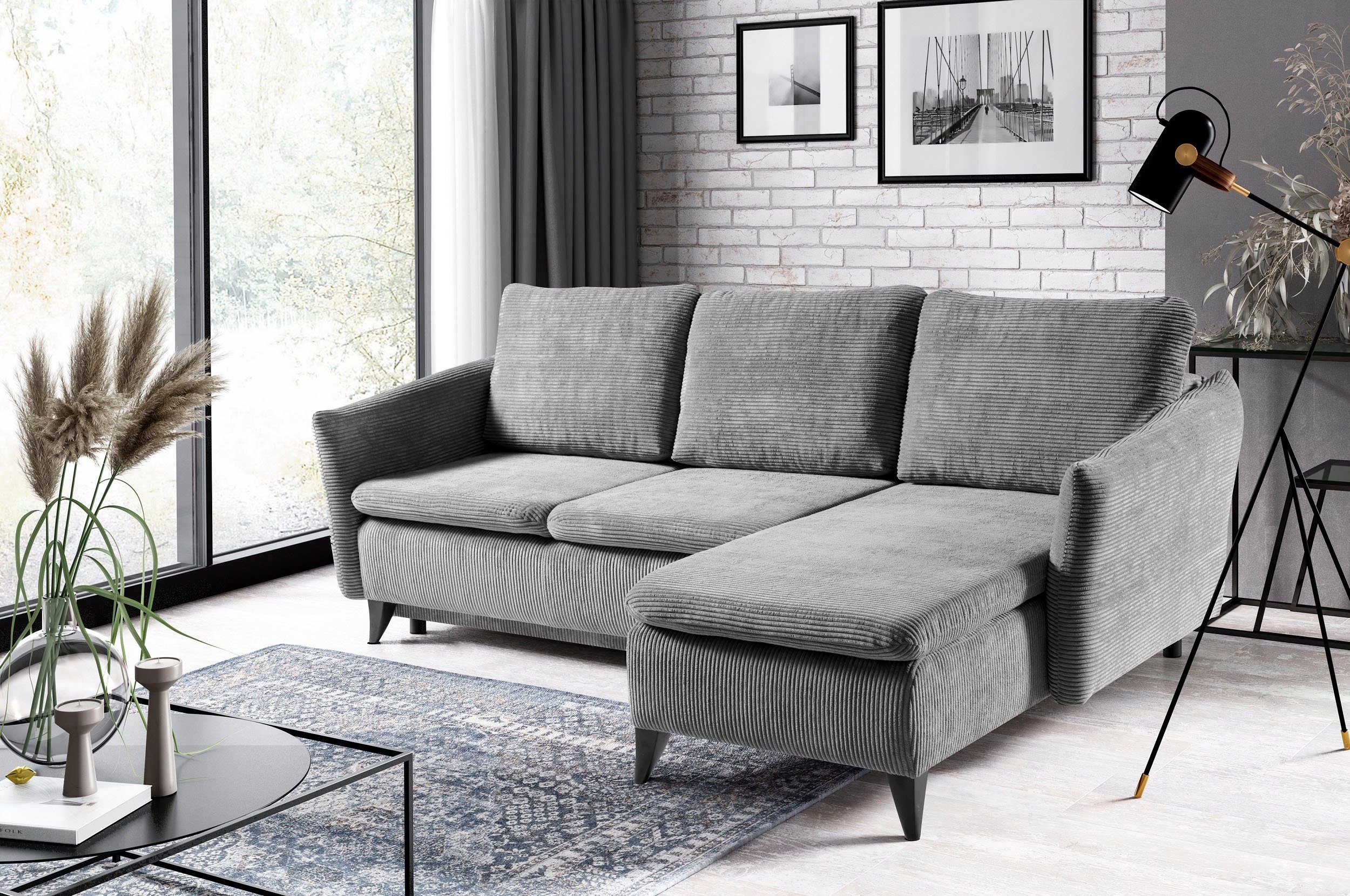 WERK2 Ecksofa Loppo, Cord-Schlafcouch mit losen Rückenkissen, Sofa mit Schlaffunktion Grau | Grau | Grau