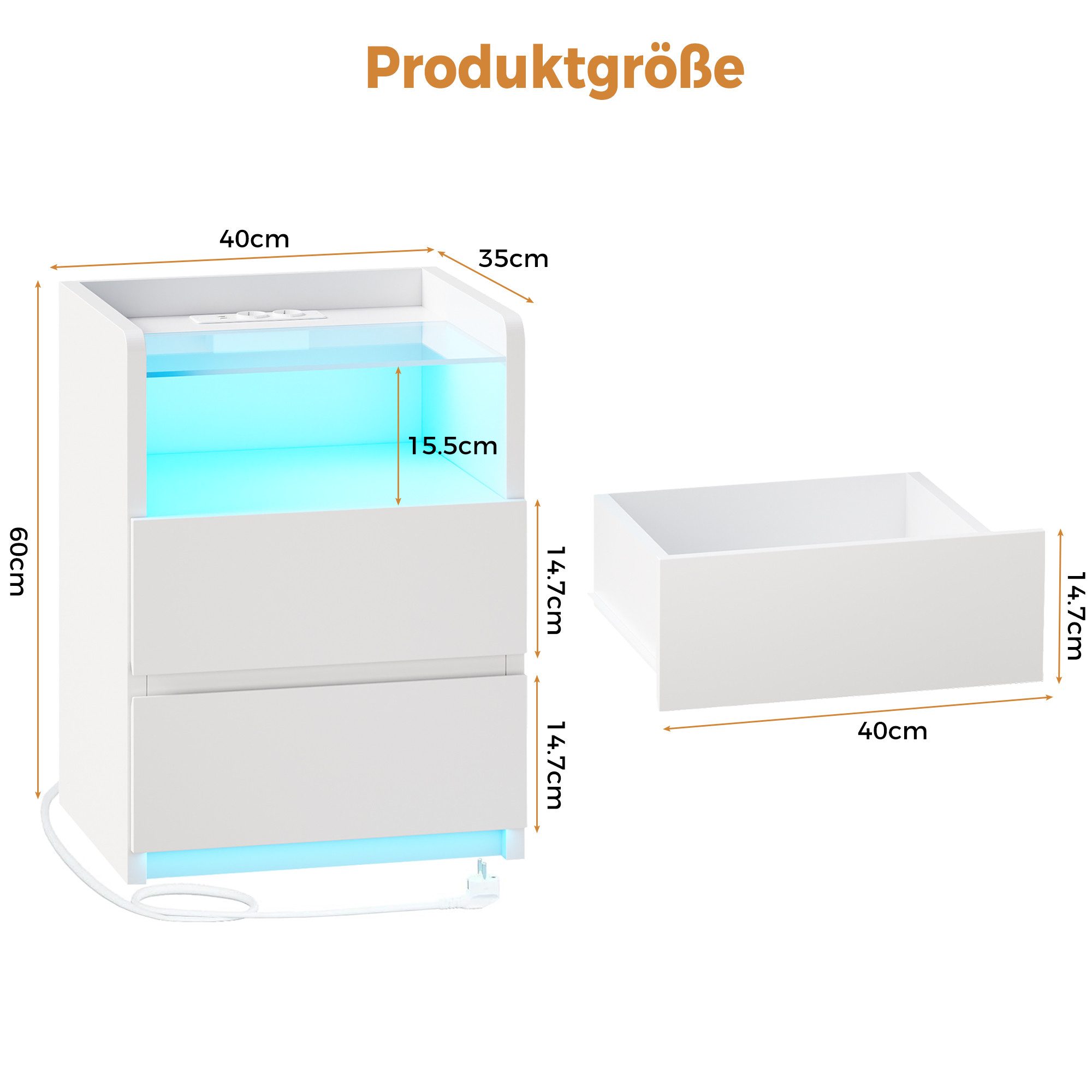 BEWISHOME Nachttisch 2er Set mit RGB-LED-Beleuchtung und Ladestation, 40x35x60 cm (2-St), Gehärtete Glasplatte, 2 Schubladen & Offenes Fach