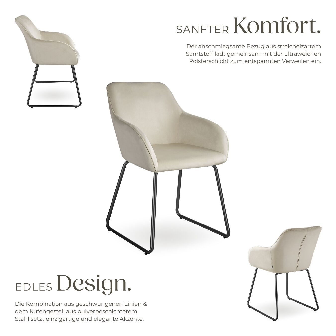 tectake Esszimmerstuhl Küchenstuhl Jeane, Samtoptik, Kufengestell (Set, 1 St), Erstklassiger Komfort dank hochdichter Schaumstoffpolsterung