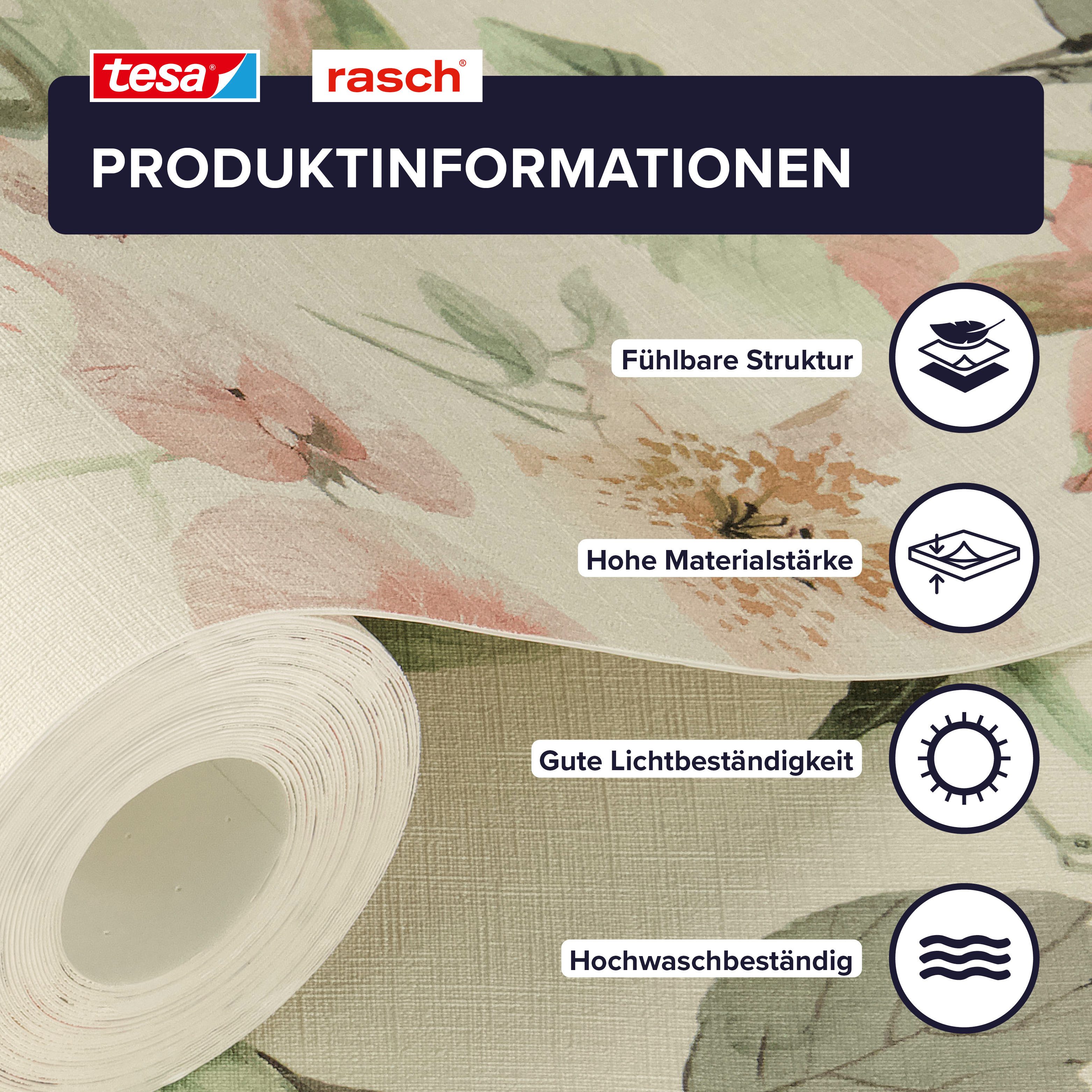 Rasch Vliestapete Lumina - Selbstklebende Tapete Blumen von tesa® x rasch®, strukturiert, floral, geblümt, botanisch, Landhausstil, (1 St), selbstklebend, 6,00m x 0,53m