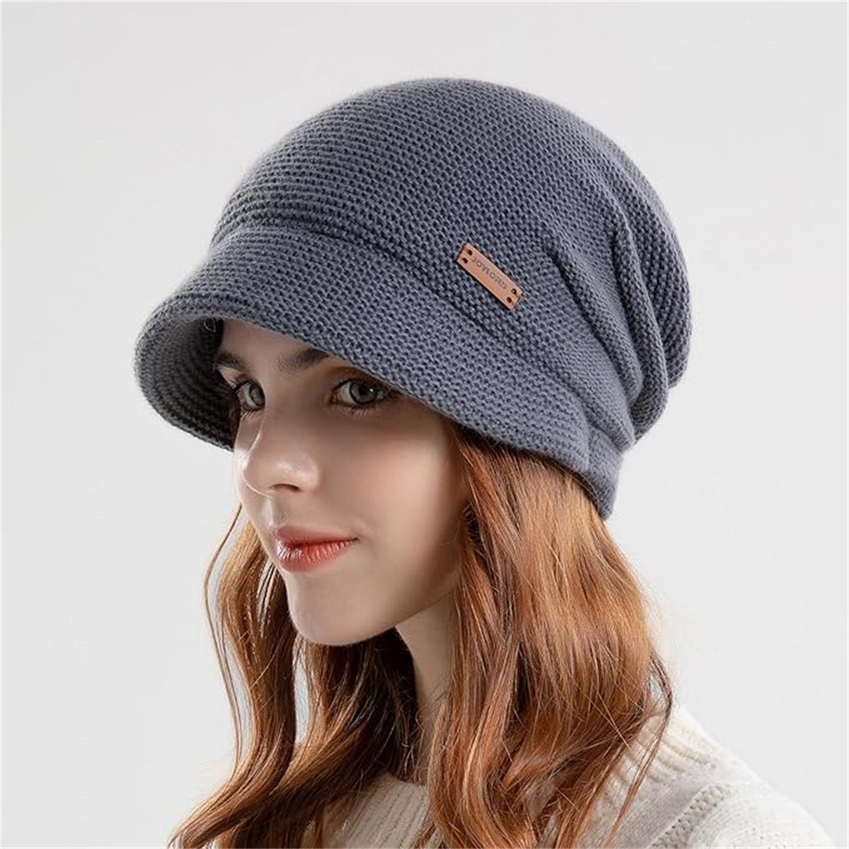 feinlux Beanie Mütze-und-Schal-Set für Damen, Woll-Wintermütze (Packung, Warme, lockere Strickmütze mit Schirm (1 Stück) Warme Strickmütze für Damen (56–60 cm)