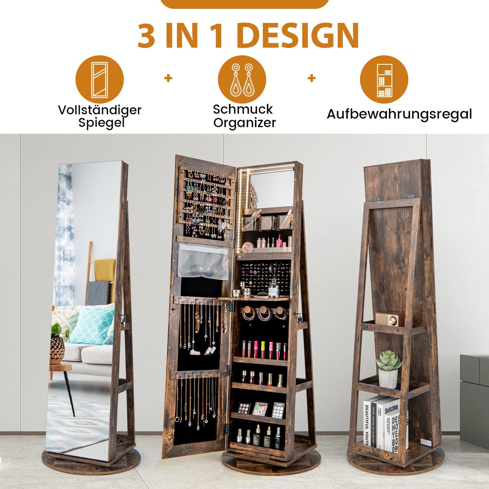 COSTWAY Schmuckschrank mit Ganzkörperspiegel & LED stehend, drehbar, abschl günstig online kaufen