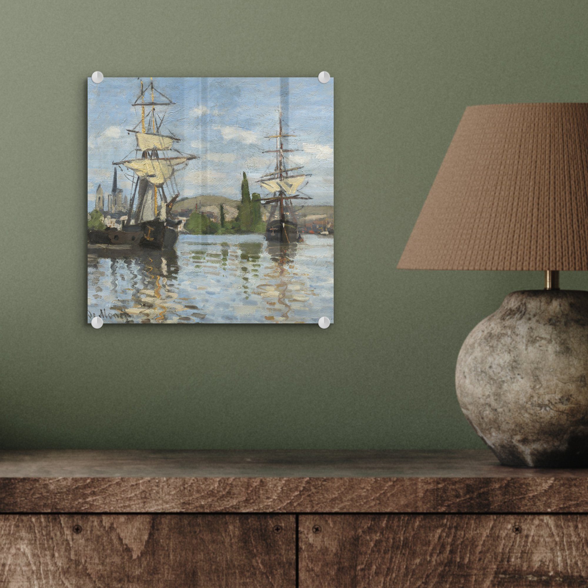 MuchoWow Acrylglasbild Segelschiffe auf Monet, Foto Claude - - Glas Wandbild der Wanddekoration St), Glasbilder - (1 Seine Bilder - bei auf Rouen Glas auf