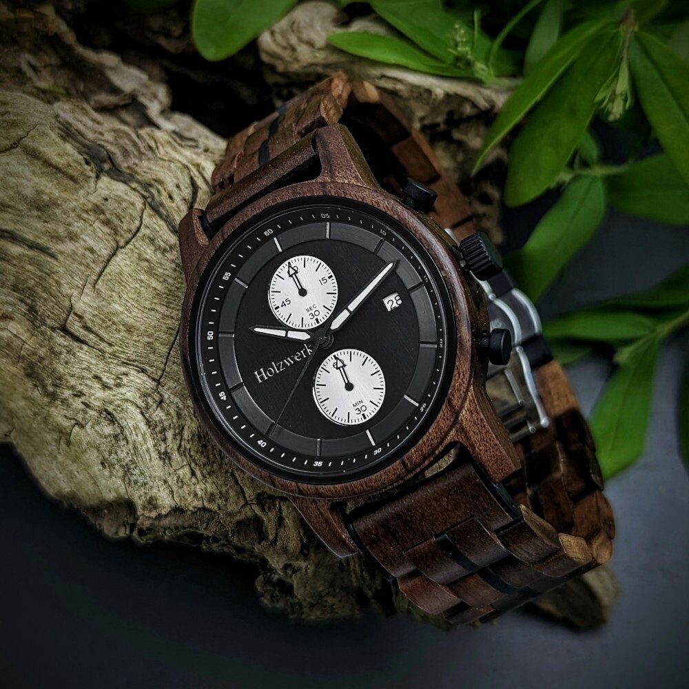 Holzwerk Chronograph Herren Holz Armband Uhr mit Datum, (Inklusive Armbandkürzer), Holz Unikate, ideal auch als Geschenk, Quarzwerk