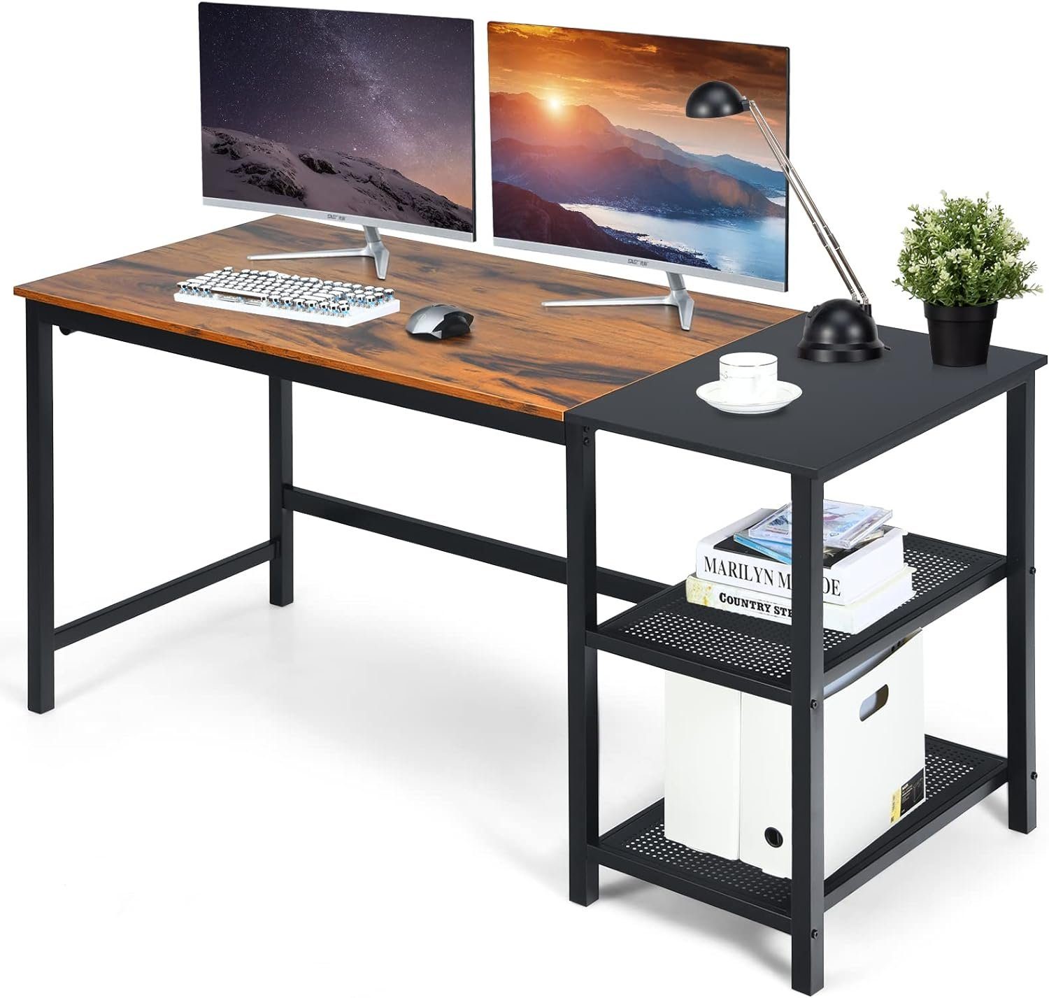 Schreibtisch KOMFOTTEU 2 Computertisch, braun mit Ablagen, 150×60×75,5cm