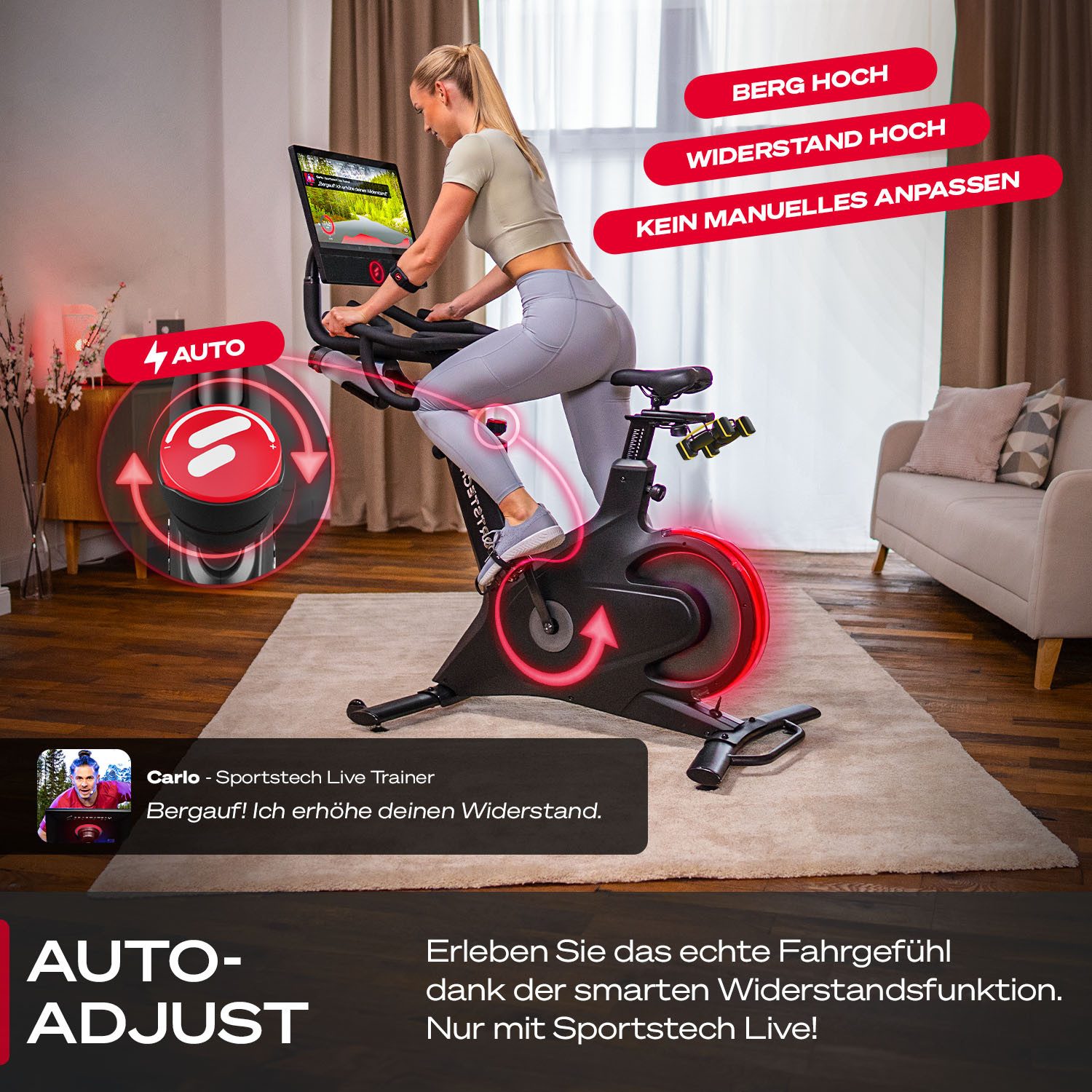 Sportstech Speedbike sBike, Transportrollen Flaschnehalter Touch-Display