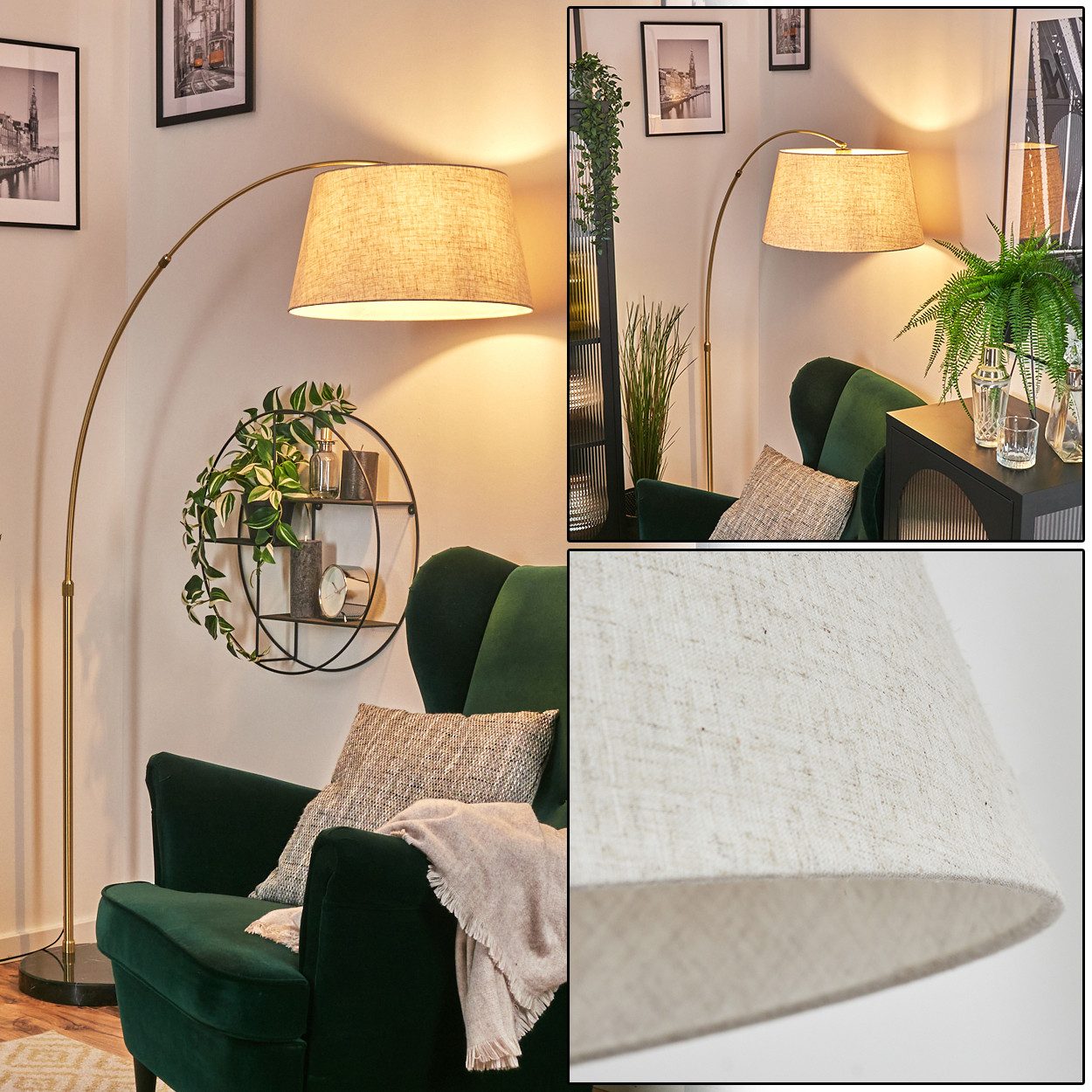 hofstein Bogenlampe Stehlampe mit Marmorfuß aus Metall/Stoff in Schwarz/Messing/Weiß/Beige, verstellbare Stehleuchte im modernen Design, Ø 45 cm, Fußschalter, E27