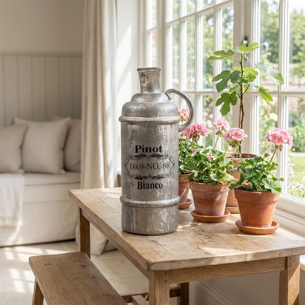 Antikas Wanddekoobjekt Flasche im Shabby Chic, Groß, Vase, Silber-Grau, Deko -Flasche