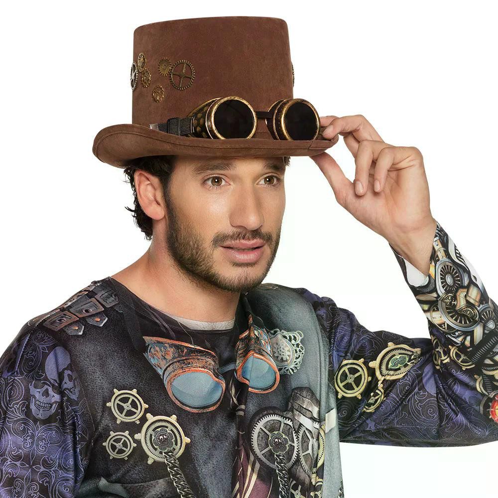Boland Kostüm Hut Steampunk braun Zylinder Sightpunk mit Partybrille Kostümzubehör, Einzigartiges Design im viktorianischen Retro-Look mit Goggles