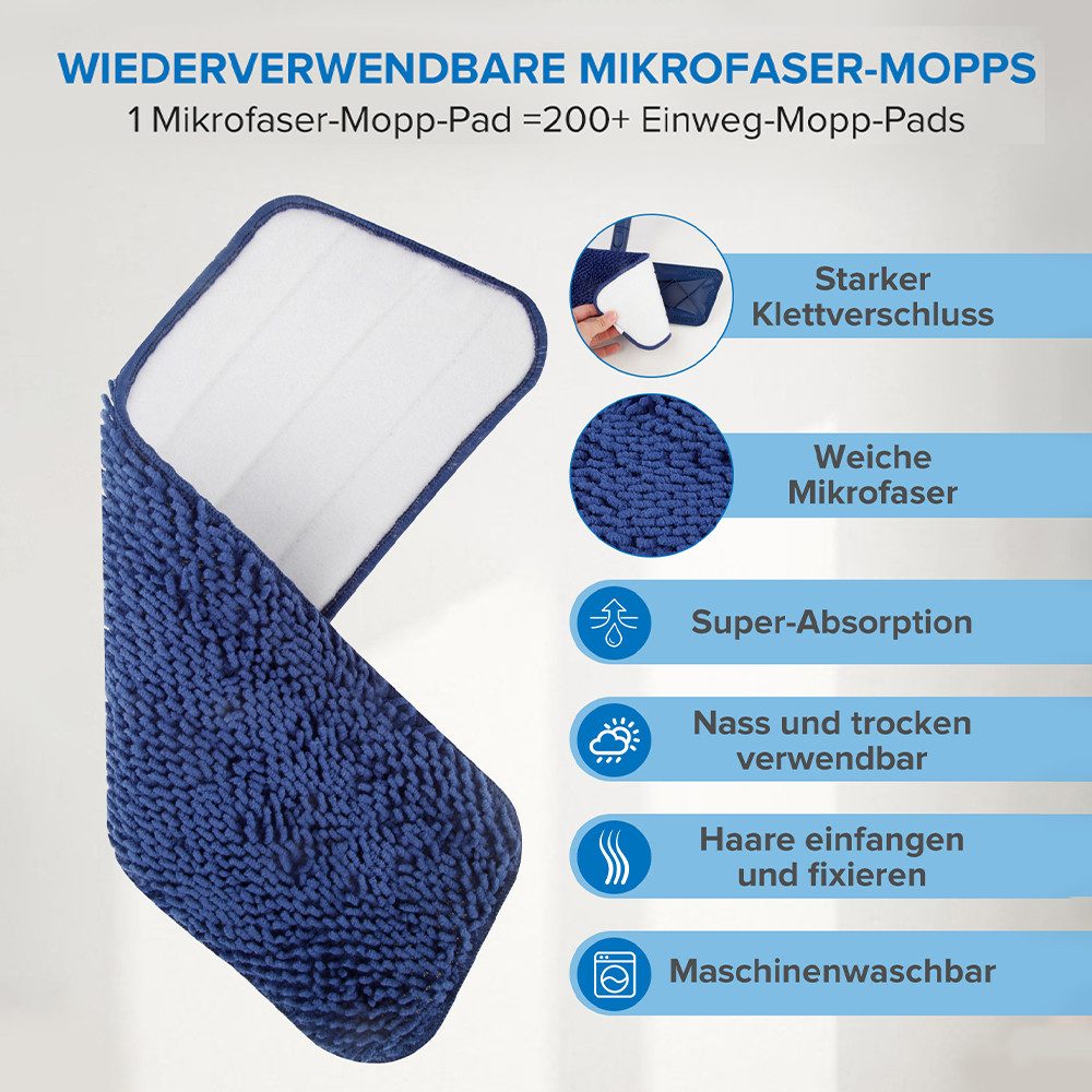 HUGERSTONE Wischmopp Bodenwischer mit 150cm langem Teleskopstiel und 4 Mikrofaser-Pads, (360° Drehbar Nass- und Trockenwischer), mit Schaber, Geeignet für alle glatten Böden