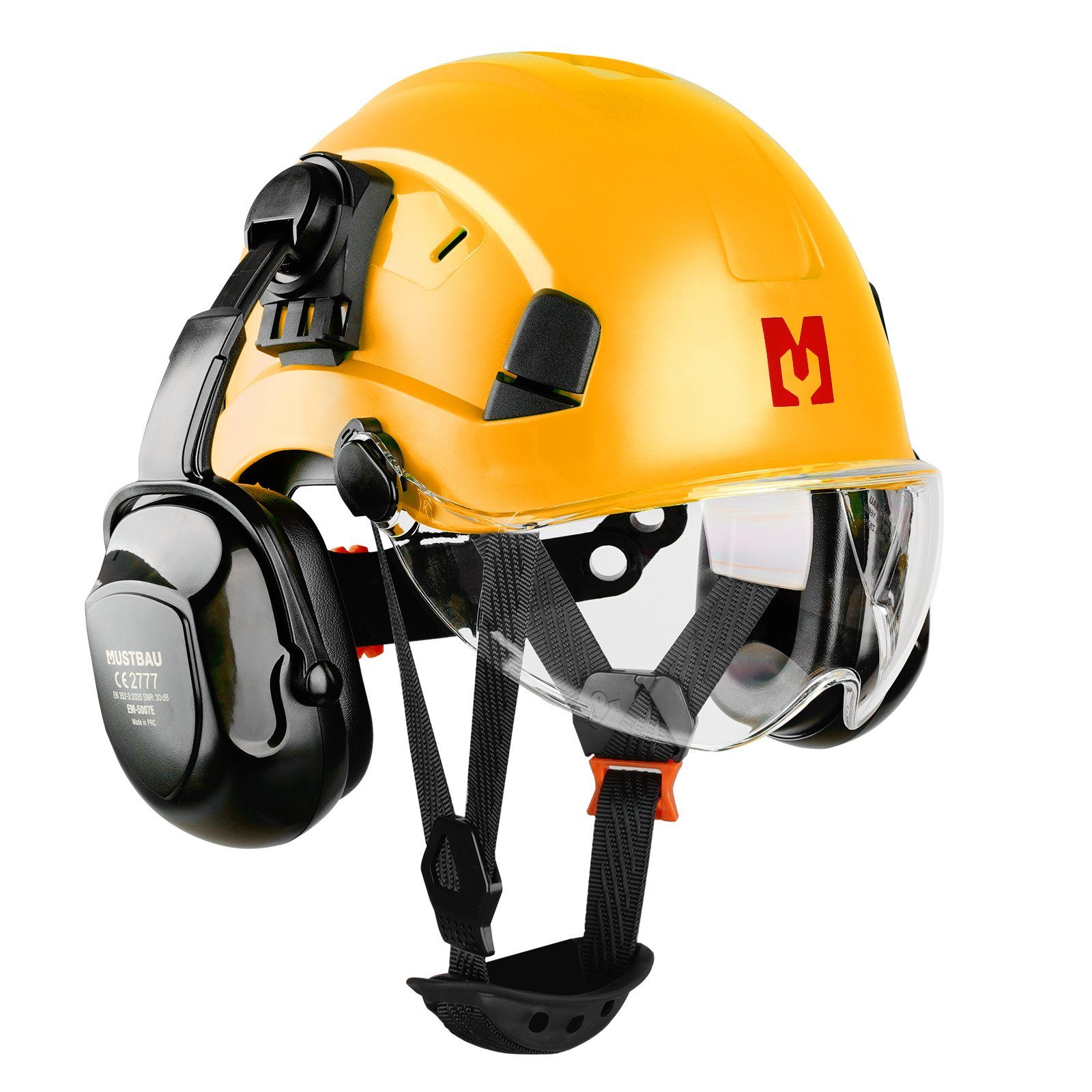 Mustbau Schutzhelm EN397, Arbeitshelm Mit Ohrschutz und Schutzbrille Set, ABS, 53- 63cm verstellbar