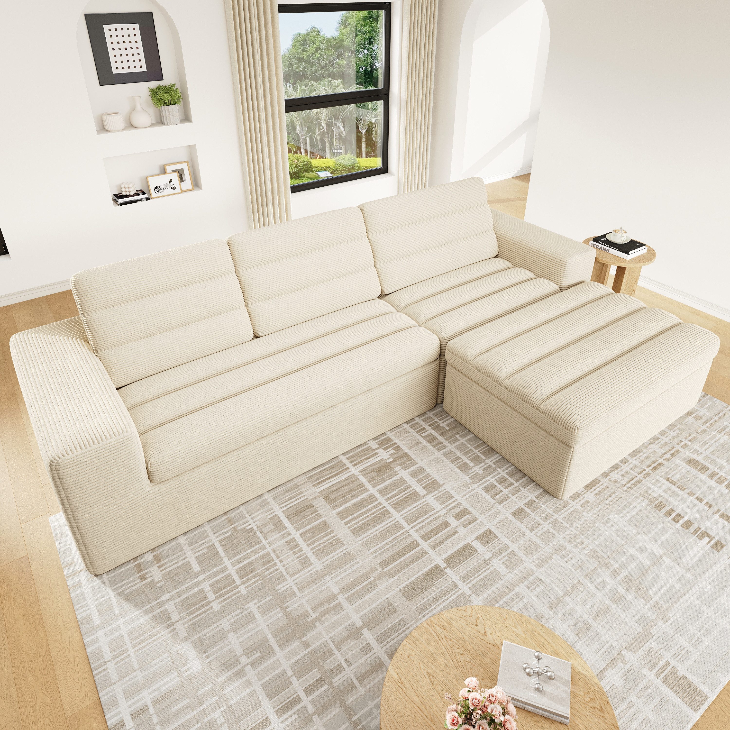 Merax 4-Sitzer Modulares Wolkensofa, rahmenlose Couch, Wohnlandschaft, 253 x 161 x 89 cm 1 Teile, L-förmiges Ecksofa mit Hocker, frei kombinierbar, Cordstoff