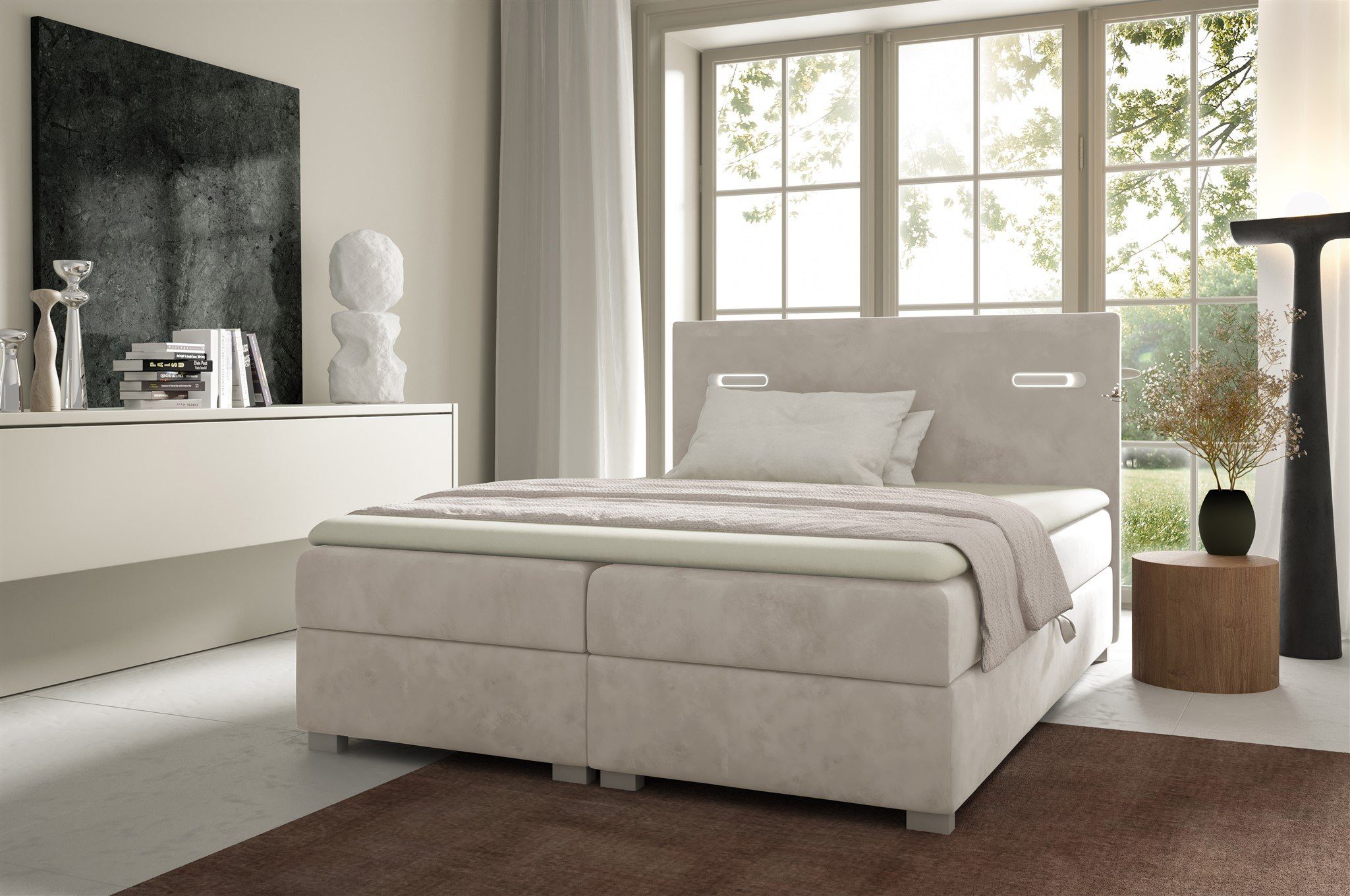 Fun Möbel Boxbett Schlafzimmerbett CAPRICE Überlänge in Stoff (inkl. 2 x Bettkasten und Topper, Ambiente-Beleuchtung mit Touch Funktion), Gepolstertes Kopfteil