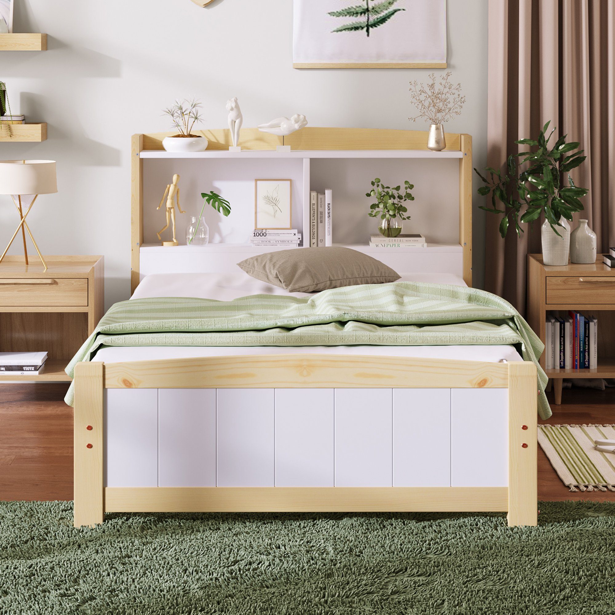 Flieks Massivholzbett, Einzelbett mit Stauraum-Kopfteil 90x200cm günstig online kaufen