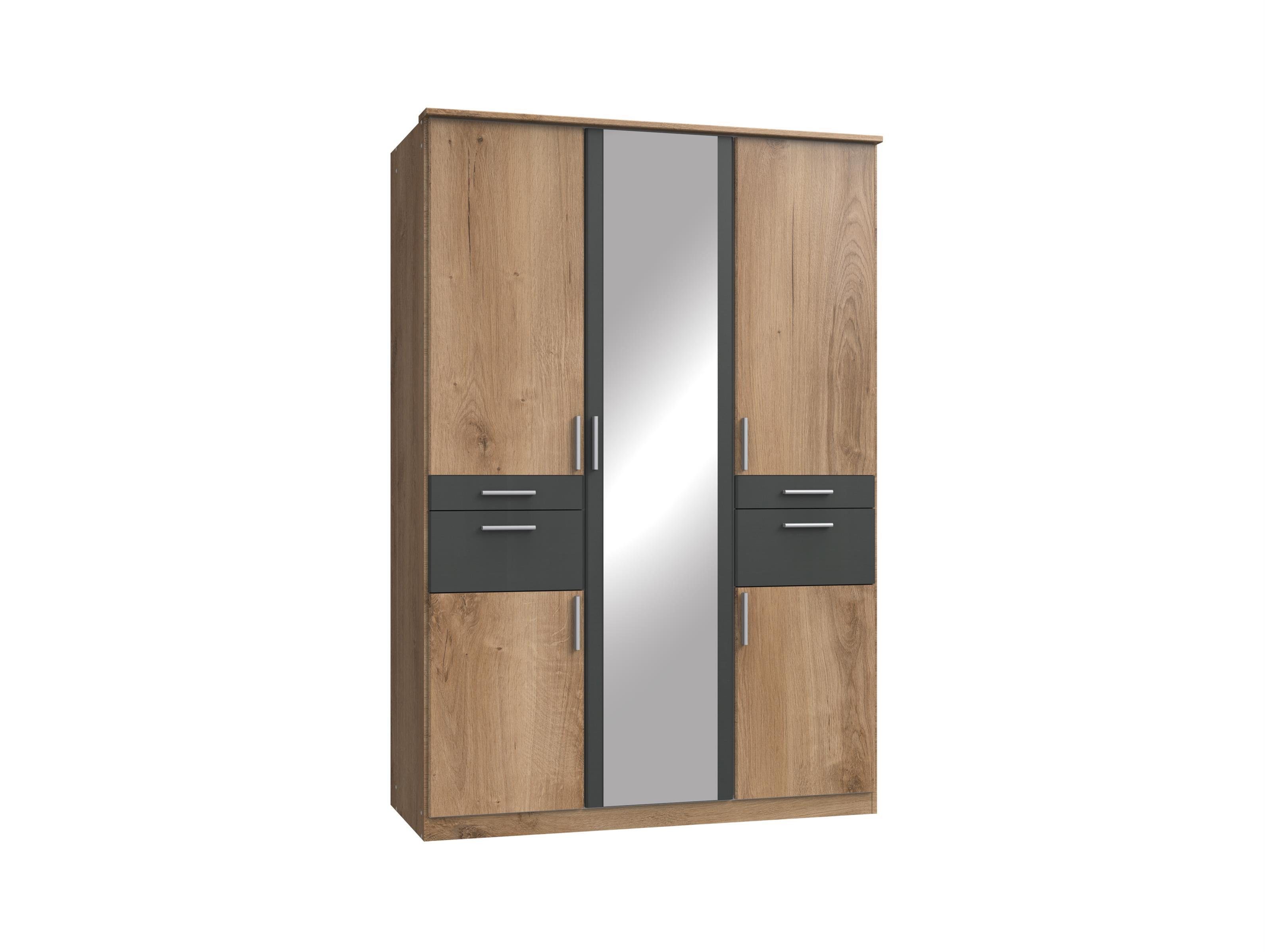 Spanplatte mit 1 4 Weiß, Absetzungen Schubkästen in Spiegelür, aus möbelando Kleiderschrank und Kalindi (davon Breite 4 Accessoire-Fach) 3 3 in Höhe Holztüren, cm, mit Kleiderschrank Kleiderstangen Moderner Graphit Einlegeböden, 135 2