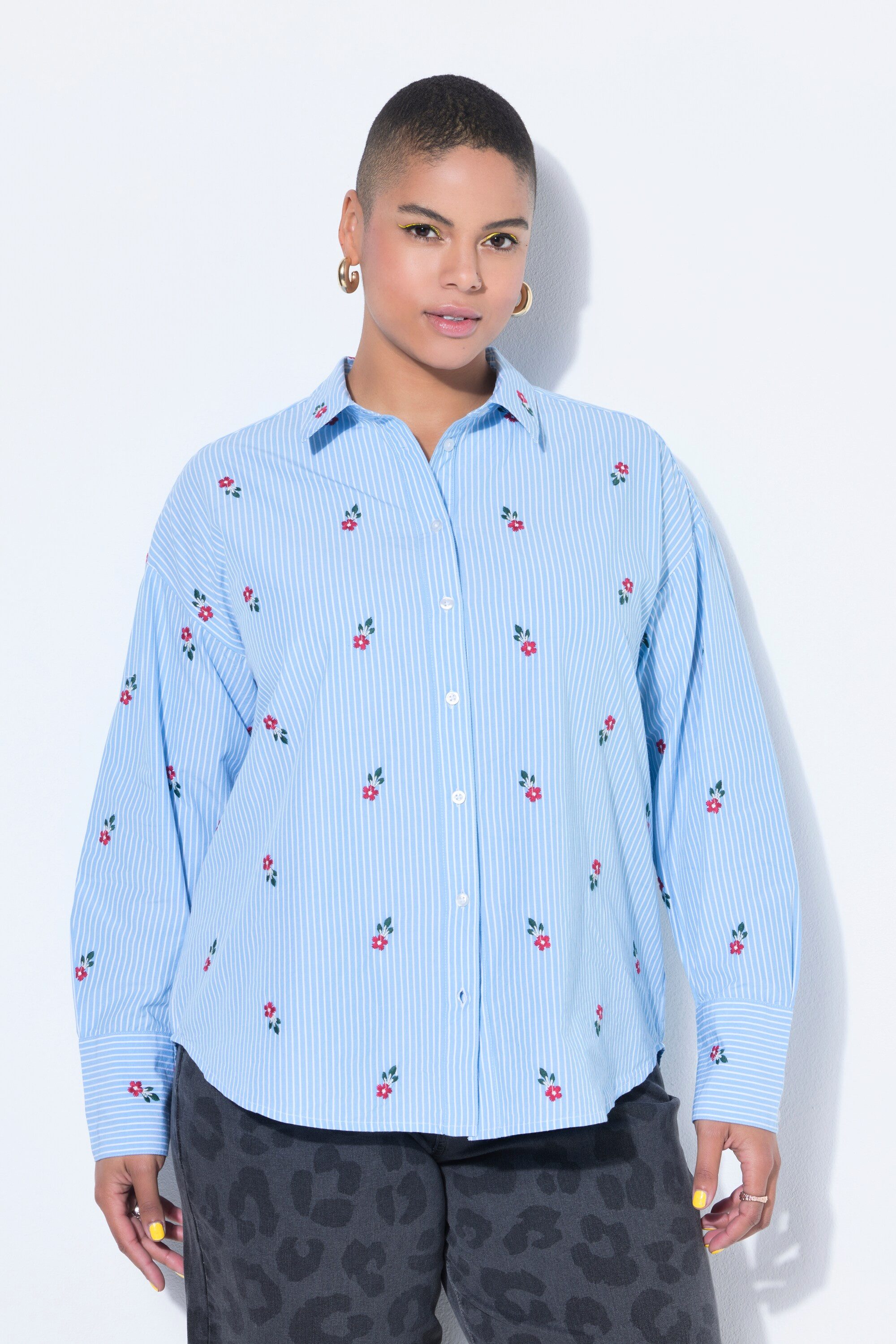 Hemdbluse Streifenhemd Oversize Shape Blüten-Stickmuster