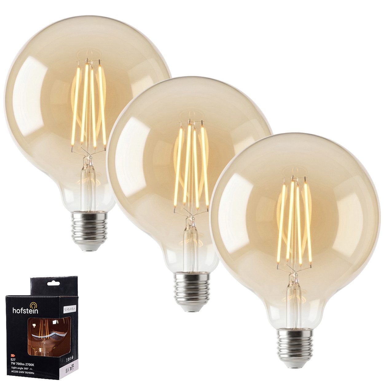 hofstein LED-Leuchtmittel 3er Set Glühbirne Warmweiß dimmbar 6 Watt, E27, 2700 Kelvin, 600 Lumen, Globe Vintage, Filament, Amber