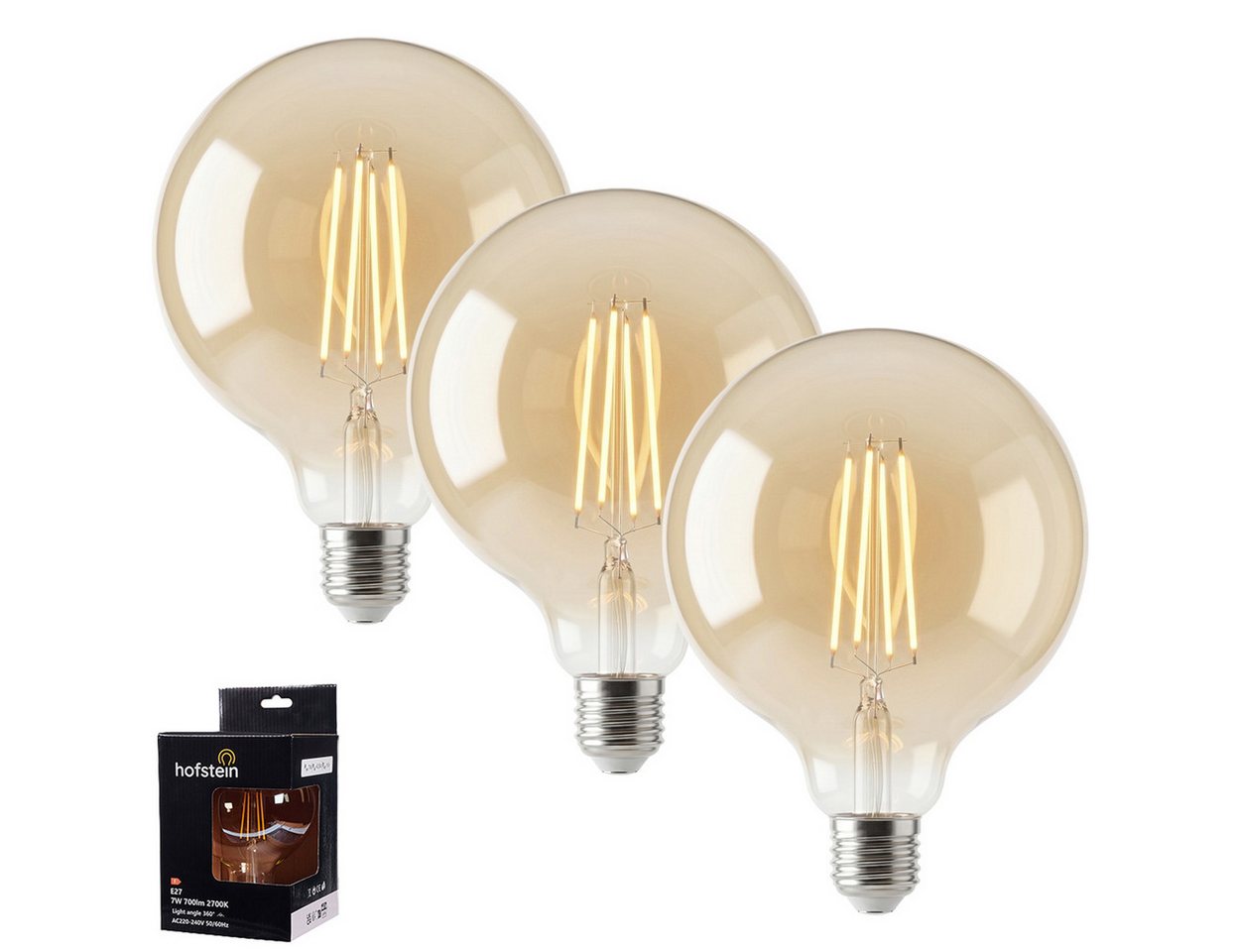 hofstein LED-Leuchtmittel 3er Set Glühbirne Warmweiß dimmbar 6 Watt, E27, 2700 Kelvin, 600 Lumen, Globe Vintage, Filament, Amber