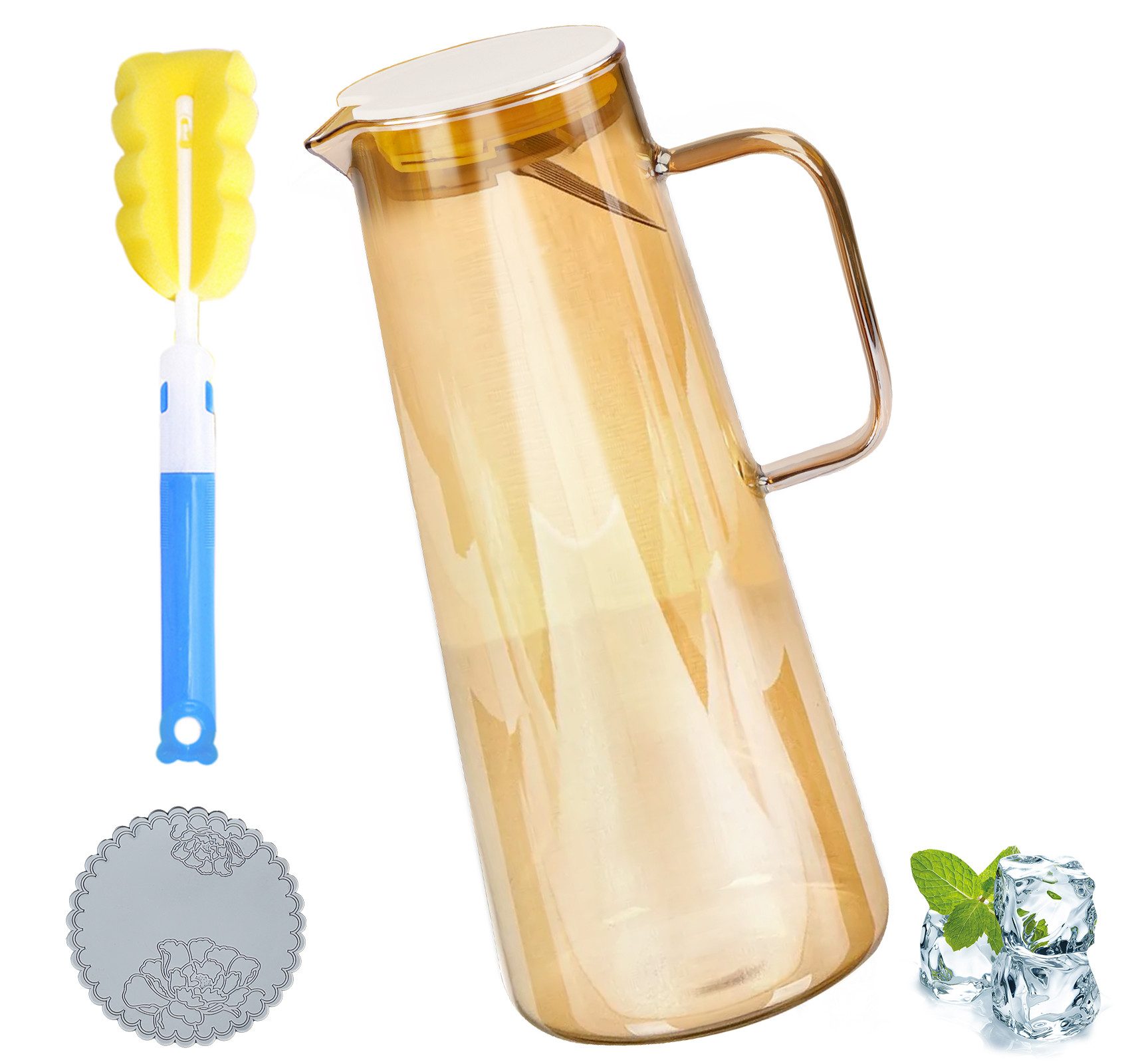 ElitVita Karaffe 1,8L Wasserkaraffe Eistee Krug, Hitzebeständig Glas, -30°C~150°C, (1-tlg), mit Griff und Deckel, für Fruchtsäfte Teegetränke Milch Kaffee Wein
