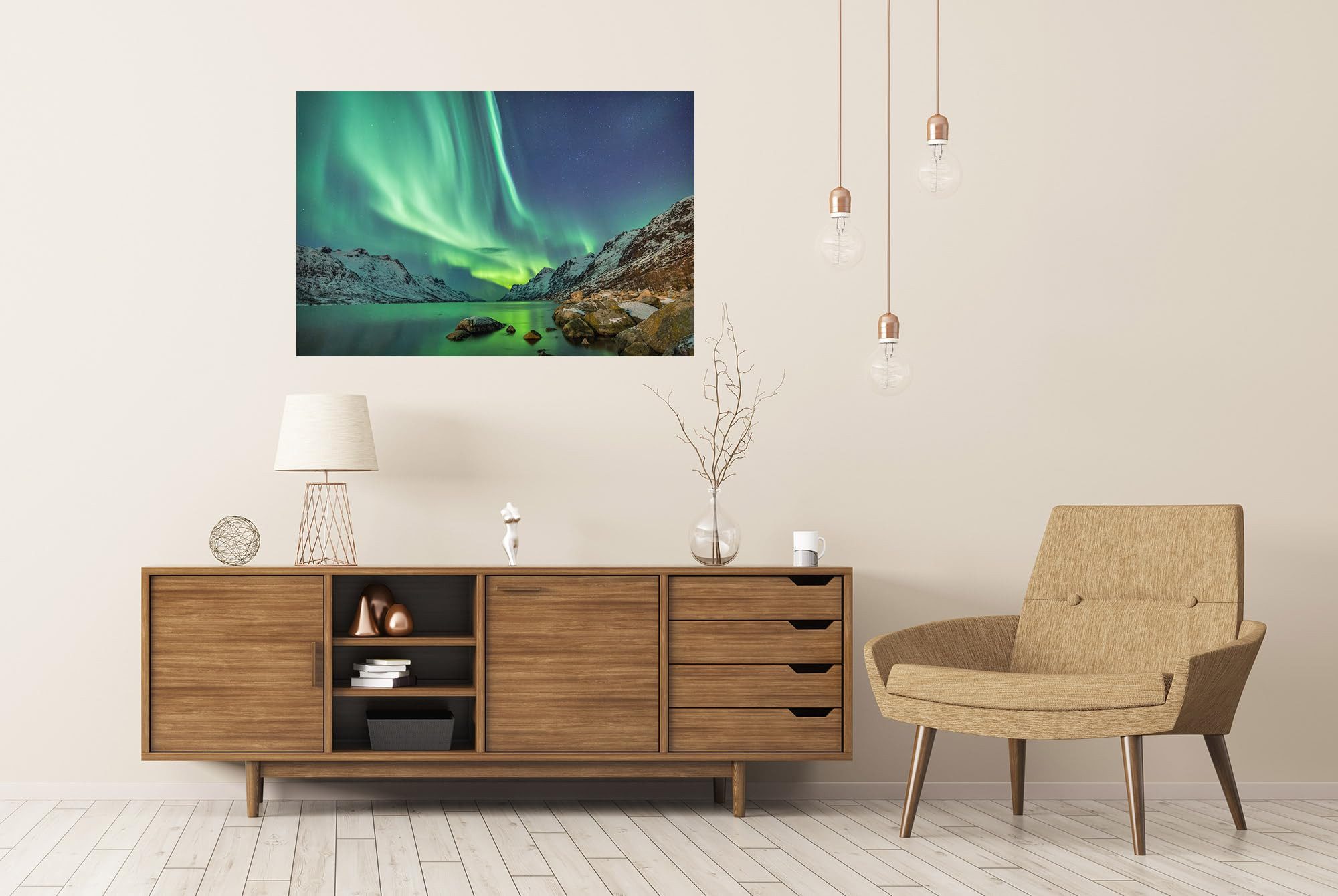 islandburner Poster Nordlicht Über Dem Schneegebirge und See In Der Nacht Fotodruck