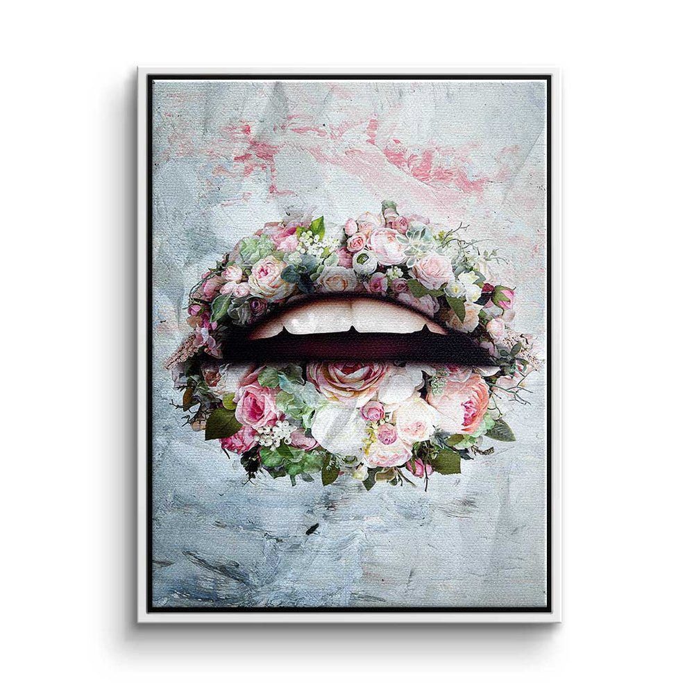 DOTCOMCANVAS® Leinwandbild, Premium Leinwandbild - Pop Art - Lips & Flowers - modernes Wandbild weißer Rahmen