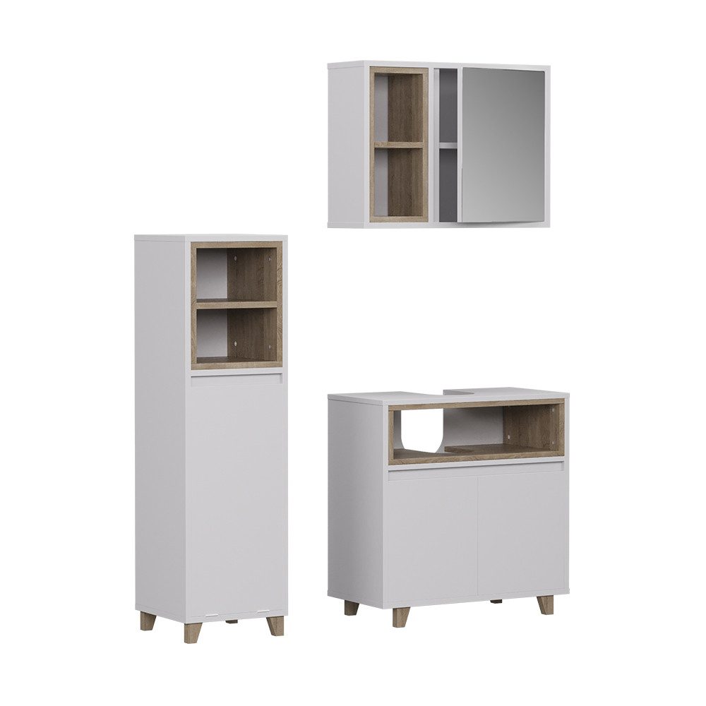 Vicco Badmöbel-Set Elnor, Weiß/Eiche, 3 Teile mit Midischrank, (3-St., 3er Set)