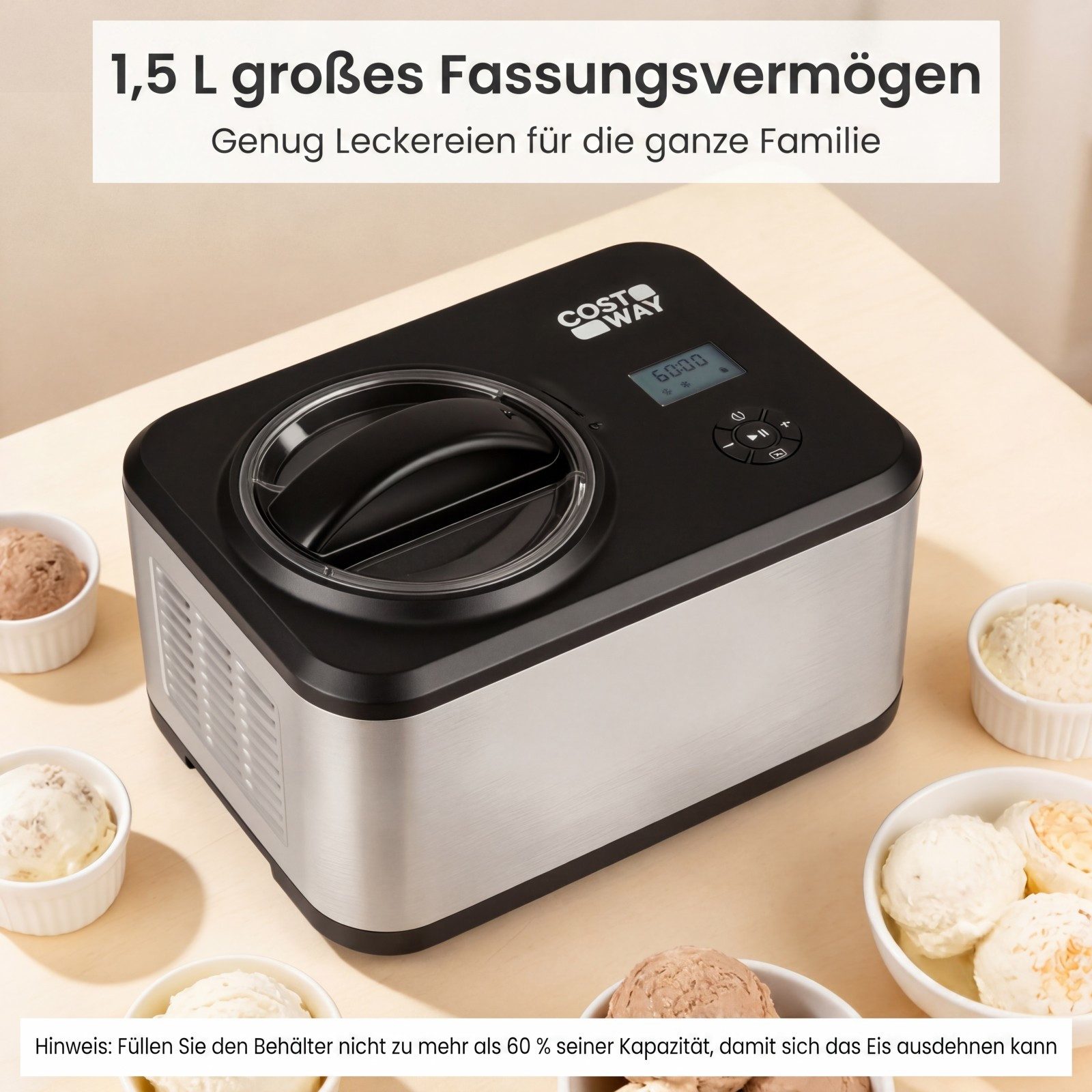 COSTWAY Eismaschine, 1.7 l, 100 W, Eiscrememaschine mit kompressor, Display