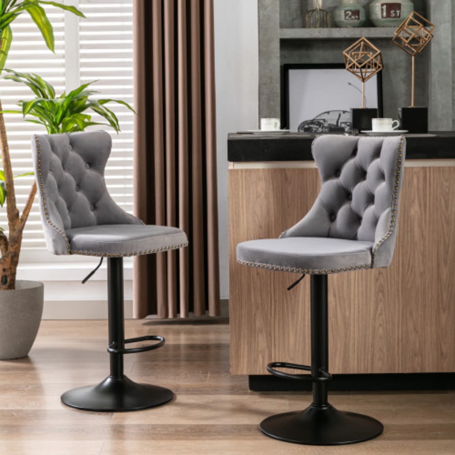 ANYSUN Barhocker 2er-Set, höhenverstellbar, mit Rückenlehne, Polster & Fußstütze (2er-Set), 360° drehbar, aus Samtstoff, bis 150 kg belastbar