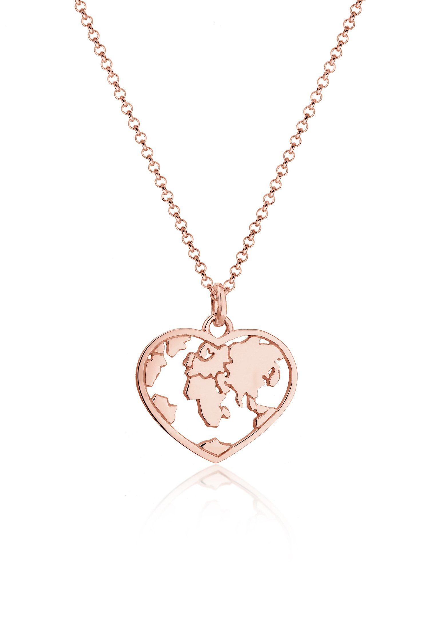 Weltkugel Globus Anhänger Trend Silber Elli Erbskette mit 925 Rosegold Herz Kette