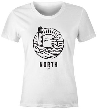 Neverless Print-Shirt Damen T-Shirt Logo Outline Art maritim Leuchtturm Welle Aufdruck North Slim Fit Neverless® mit Print