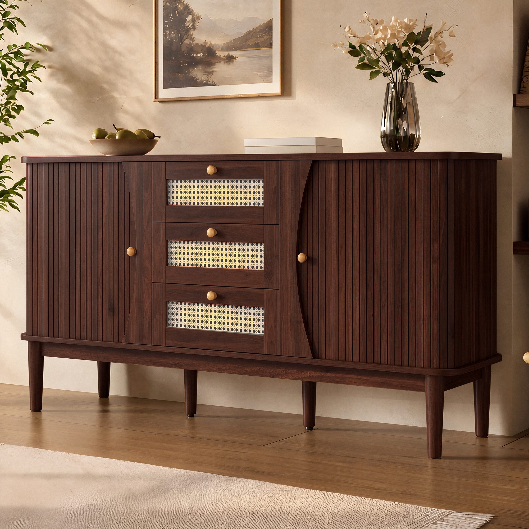 Merax Sideboard Skandi mit 2 Schiebetüren und 3 Schubladen (Rattanschrank Landhausstil, für Wohnzimmer & Flur), Rattan geflecht Kommode, Anrichte Schrank mit Holzfüßen, Breit:141cm