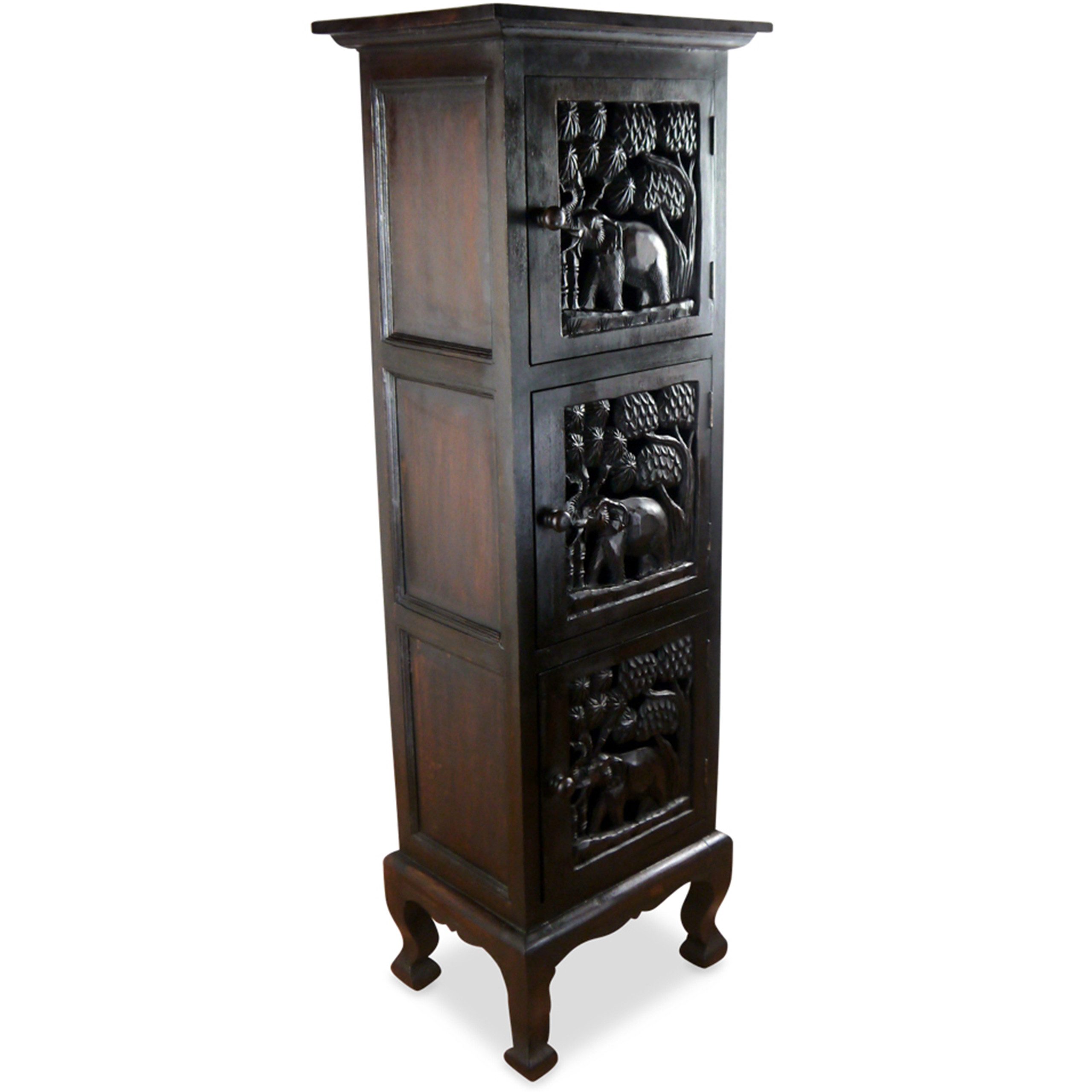 livasia Hochschrank Hochschrank Massivholz 50x40x150cm mit Elefantenschnitzerei