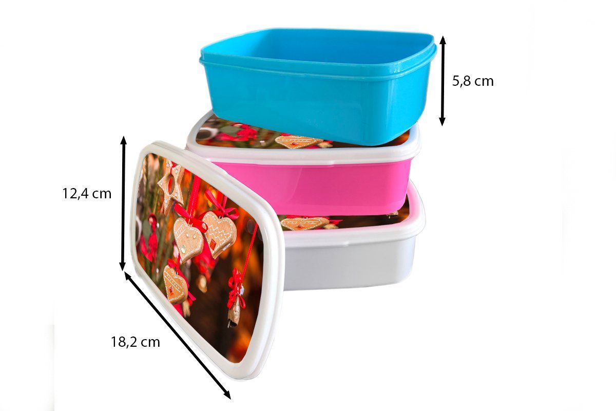 MuchoWow Lunchbox Die Kunststoff Mädchen, rosa dem Weihnachtsmarkt Erwachsene, (2-tlg), Trient, Brotbox Kunststoff, von für Kinder, Herzdekoration auf hängende Brotdose Snackbox