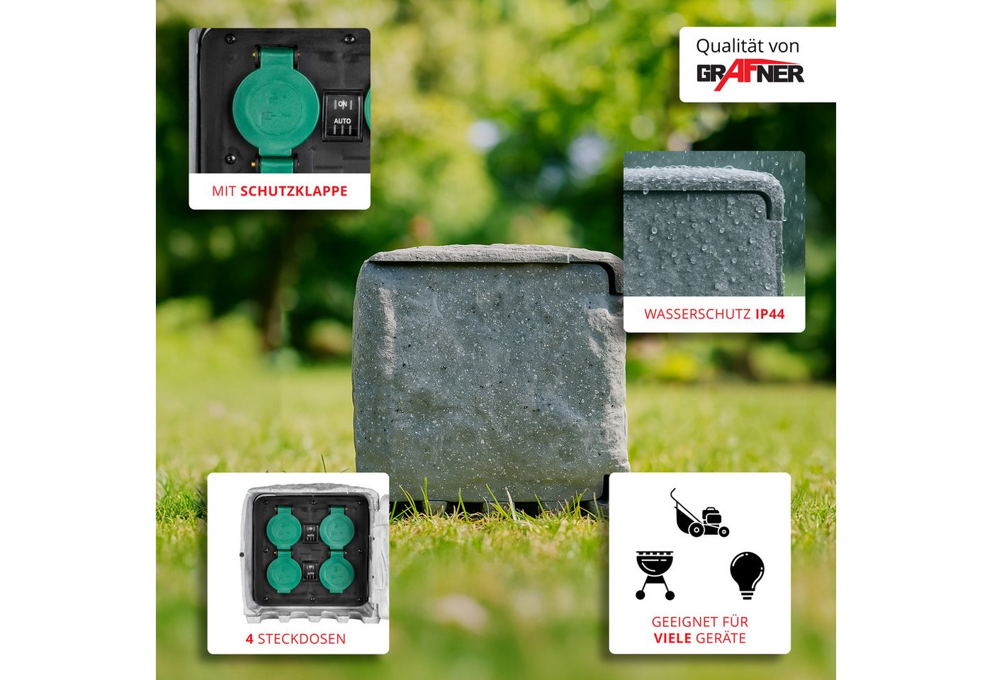 Thumbnail - Grafner Gartensteckdose Gartensteckdose Außensteckdose Steinoptik Sensor 4 fach Outdoor, Stck, 2-St., 1, Dämmerungssenso...