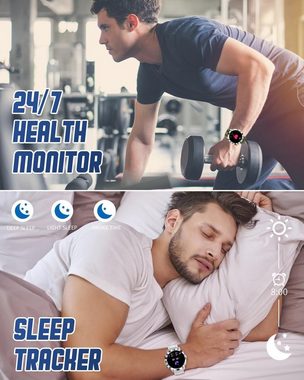 PODOEIL Smartwatch (1,43 Zoll, Android, iOS), mit Blutdruckmessung, Fitnessuhr Herren 100+ Sportmodus Herzfrequenz