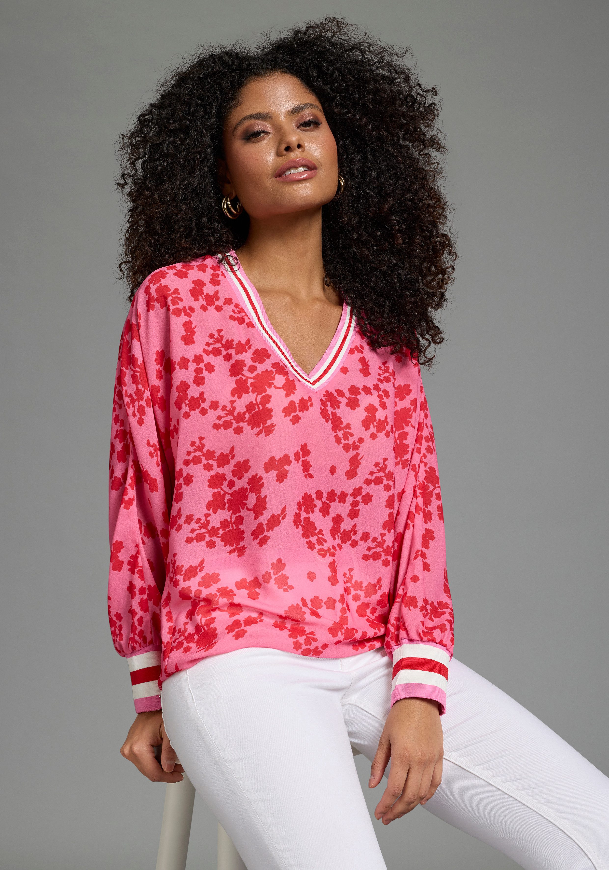 Laura Scott Schlupfbluse Langarmbluse mit hüftbedeckender Länge, V-Ausschnitt