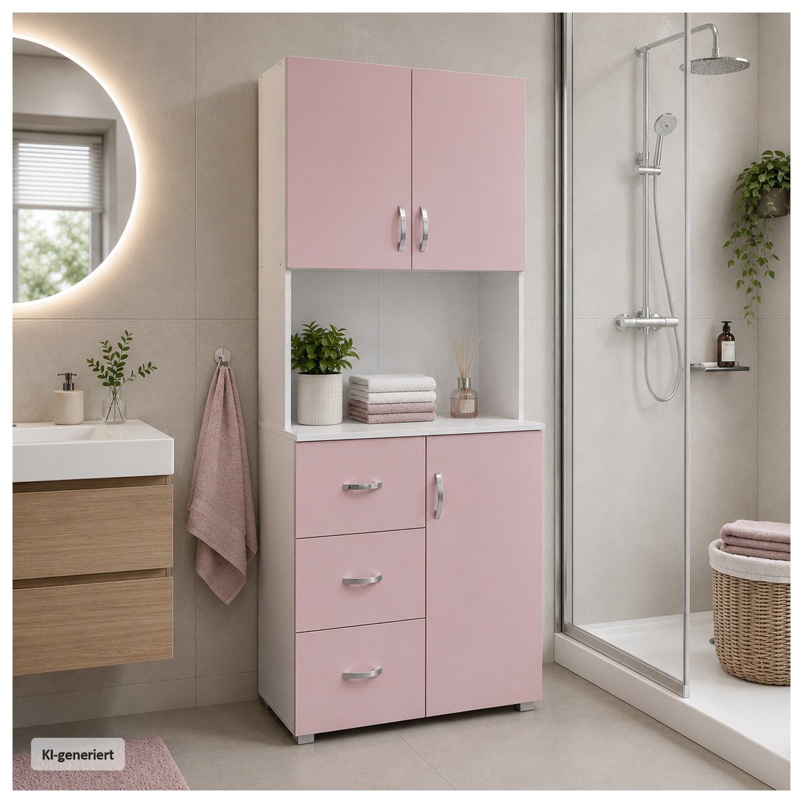 HTI-Living Hochschrank Badschrank Rosa Weiß (1 Stück, 1-St., 1 Schrank) Hochschrank 6 Regalfächer 3 Schubladen