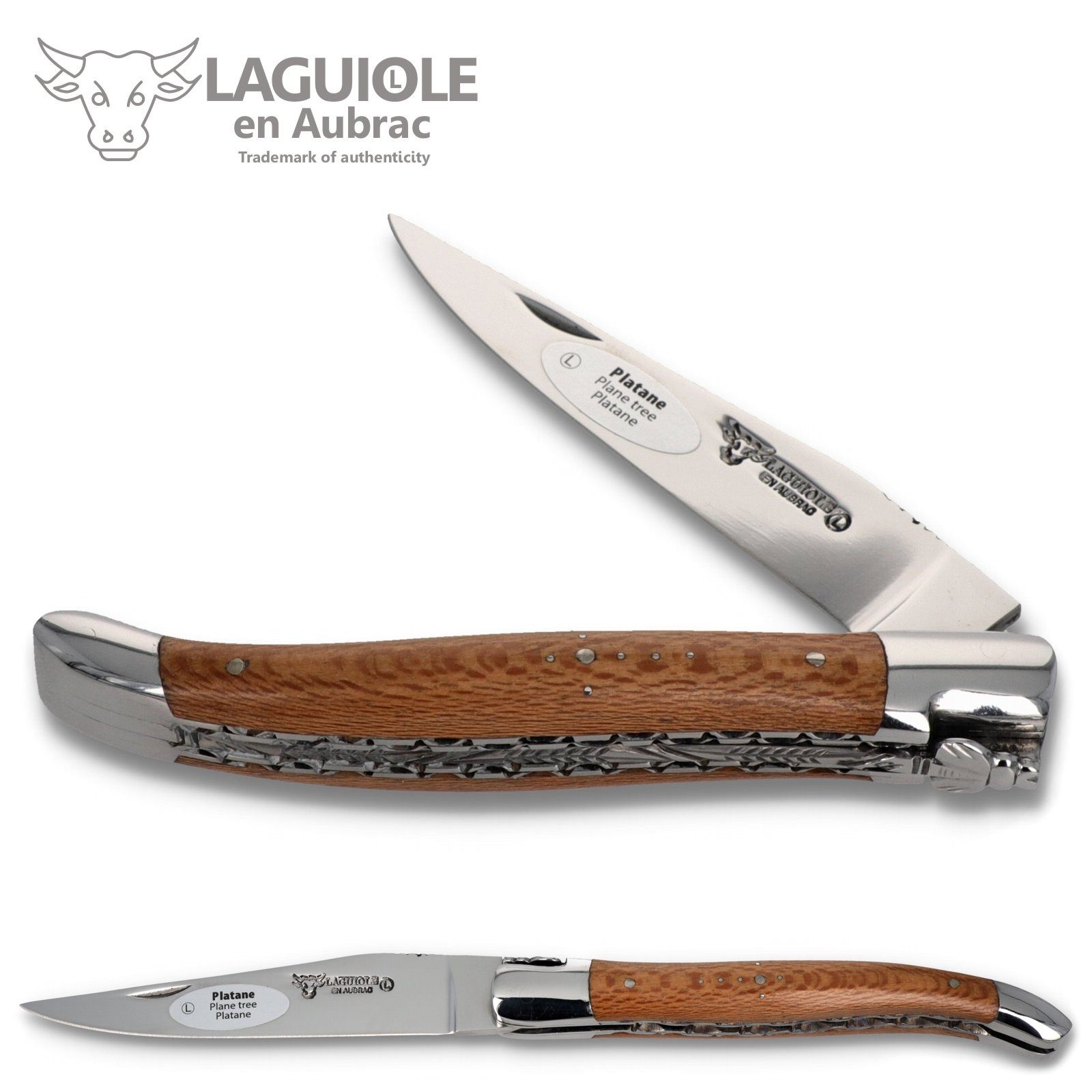 Laguiole en Aubrac Taschenmesser L0712PYNIF-BRI, Griff 12cm Platane - Feder verziert - Doppelplatine - Stahl glänzend