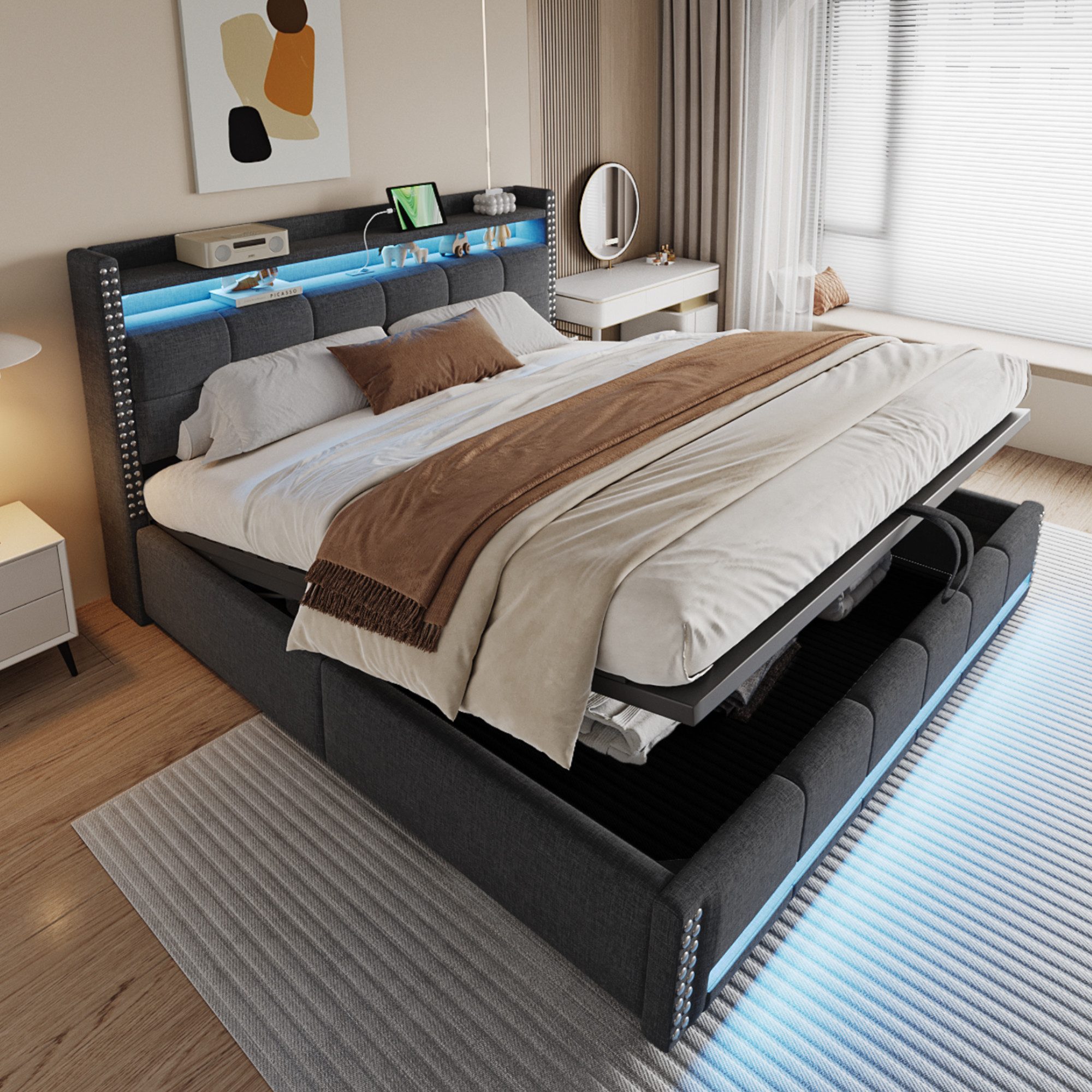 Flieks Polsterbett, LED Hydraulisches Stauraumbett Doppelbett 180x200cm mit günstig online kaufen