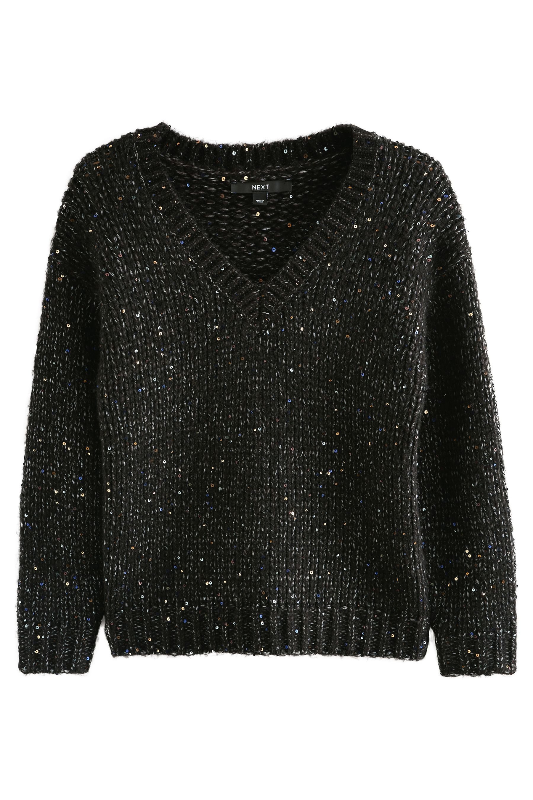 V-Ausschnitt-Pullover Grobstrickpullover mit Pailletten und V-Ausschnitt